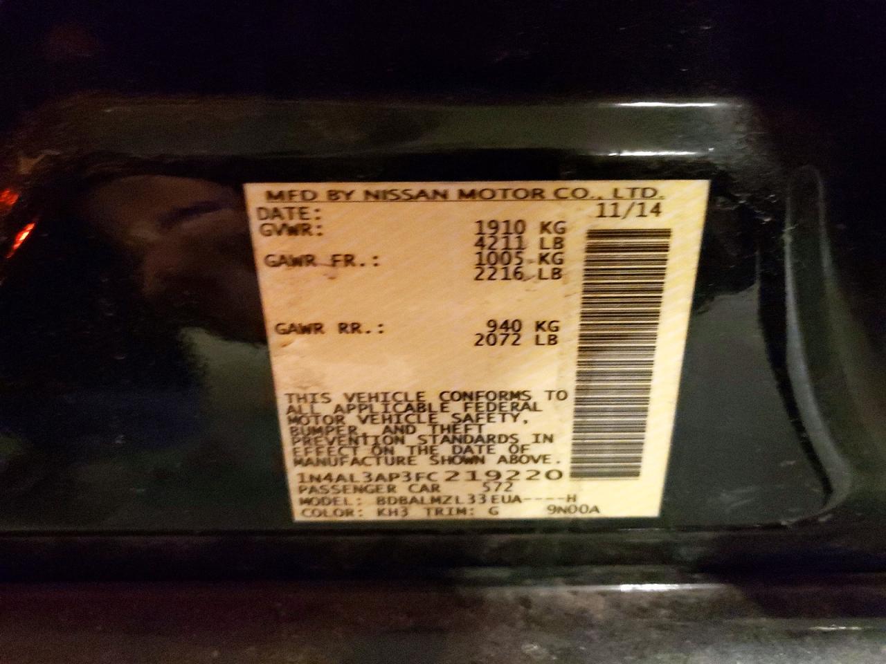 2015 Nissan Altima 2.5 Sv Black vin: 1N4AL3AP3FC219220