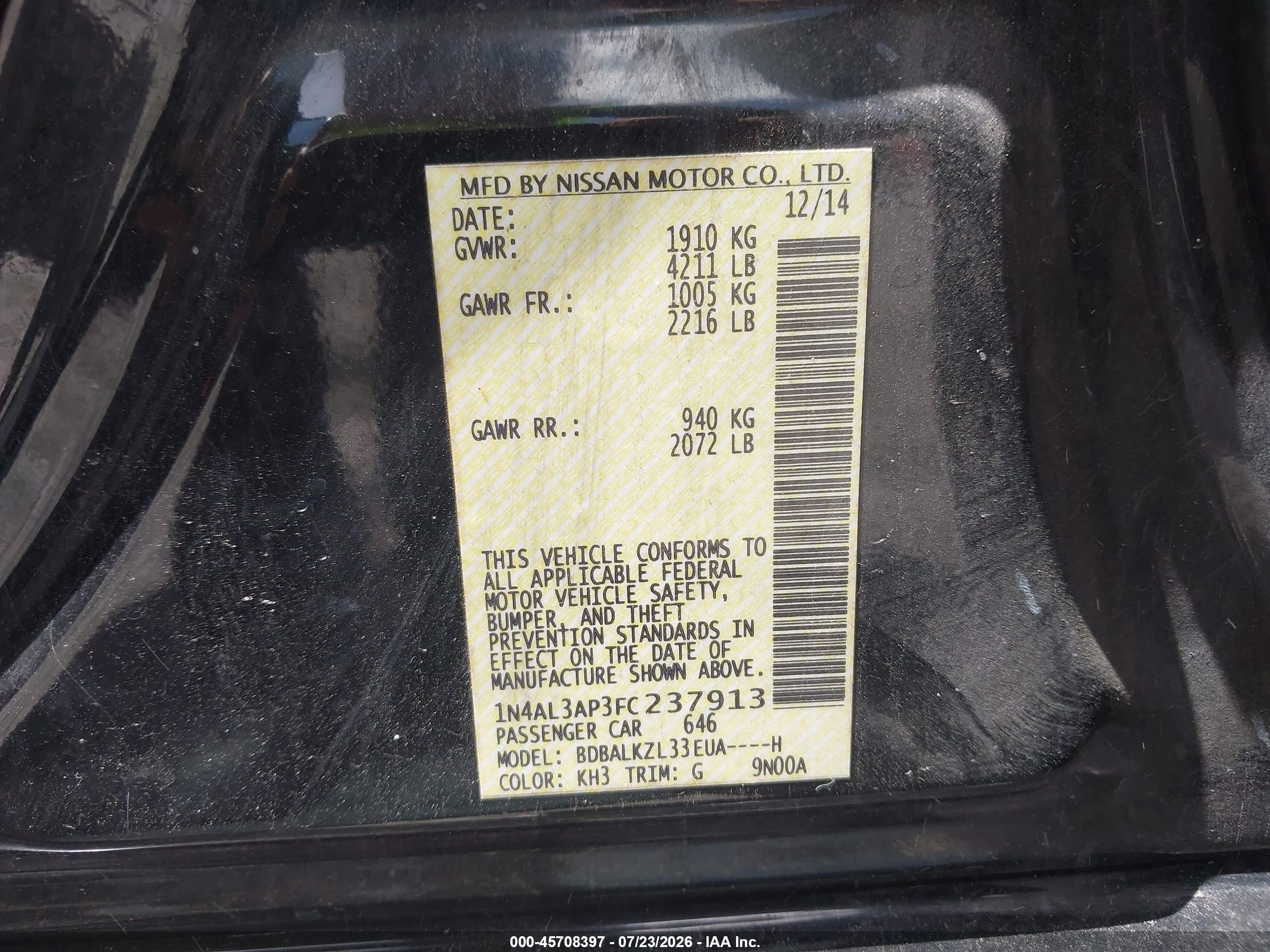 2015 Nissan Altima 2.5 Sv Black vin: 1N4AL3AP3FC237913