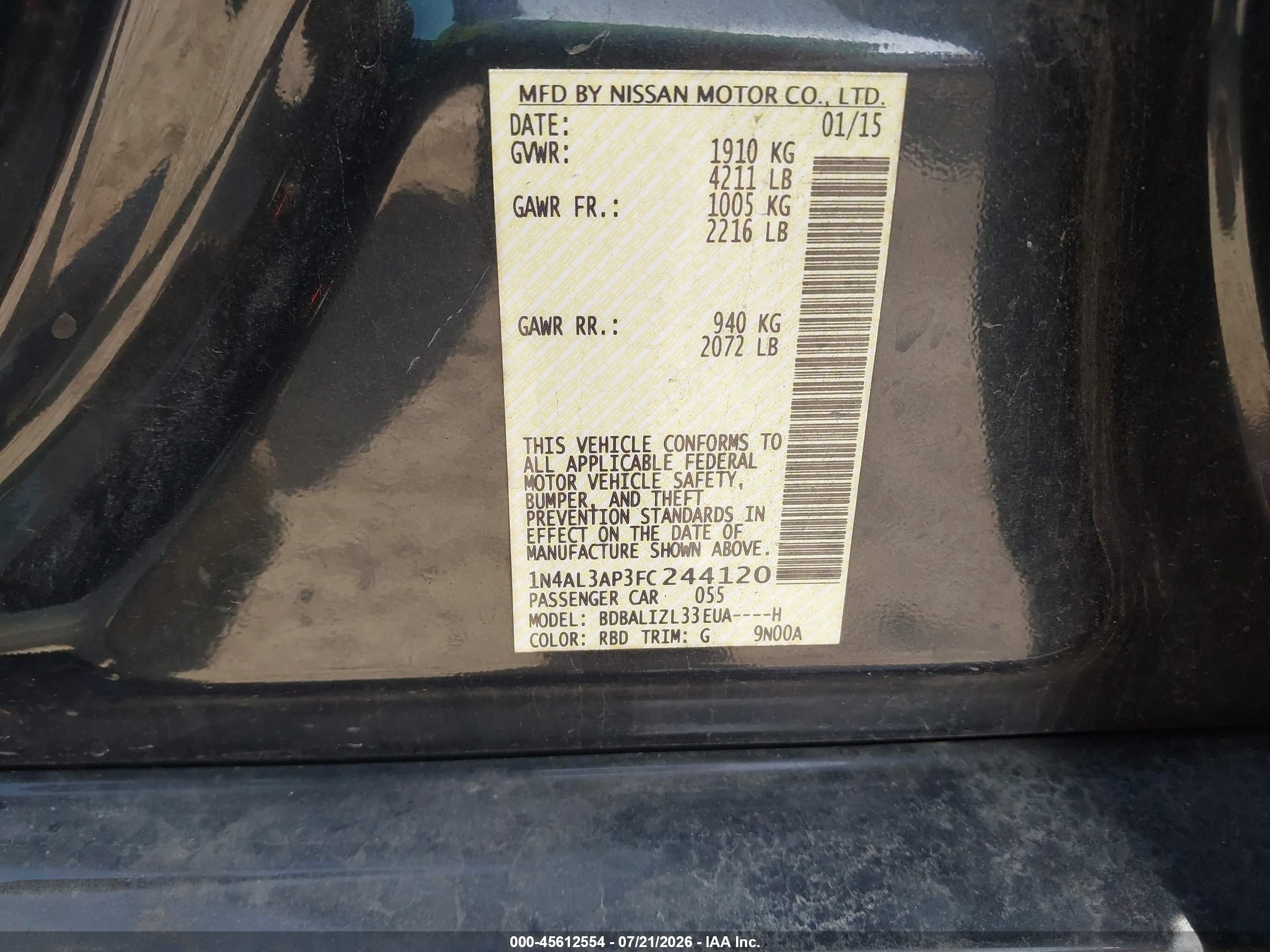2015 Nissan Altima 2.5 Sv Blue vin: 1N4AL3AP3FC244120
