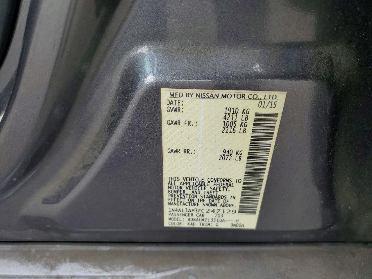 2015 Nissan Altima 2.5 Sv Gray vin: 1N4AL3AP3FC247129