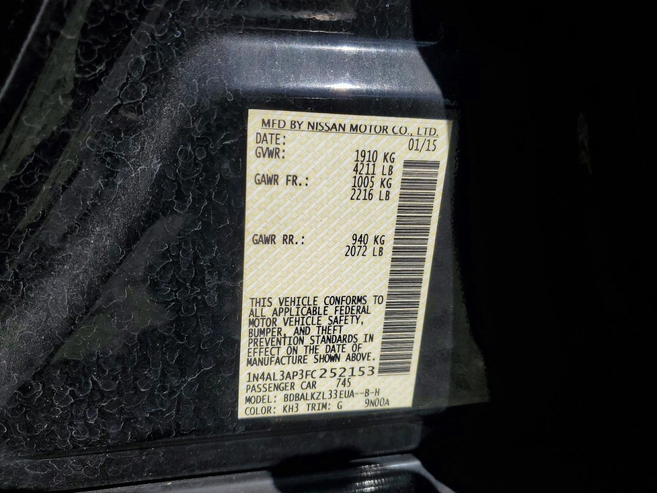 2015 Nissan Altima 2.5 Sv Black vin: 1N4AL3AP3FC252153