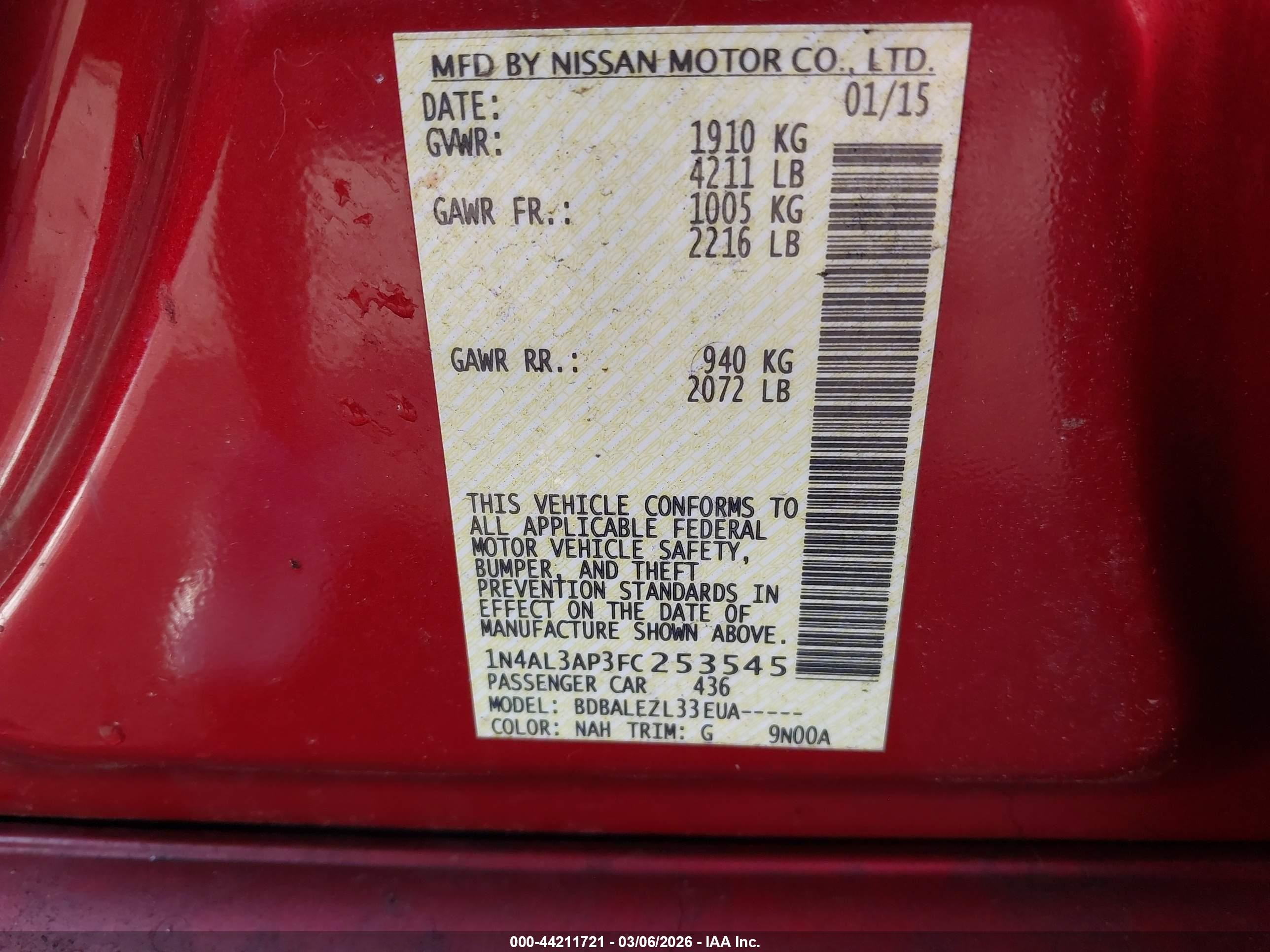 2015 Nissan Altima 2.5/2.5 S/2.5 Sl/2.5 Sv Burgundy vin: 1N4AL3AP3FC253545