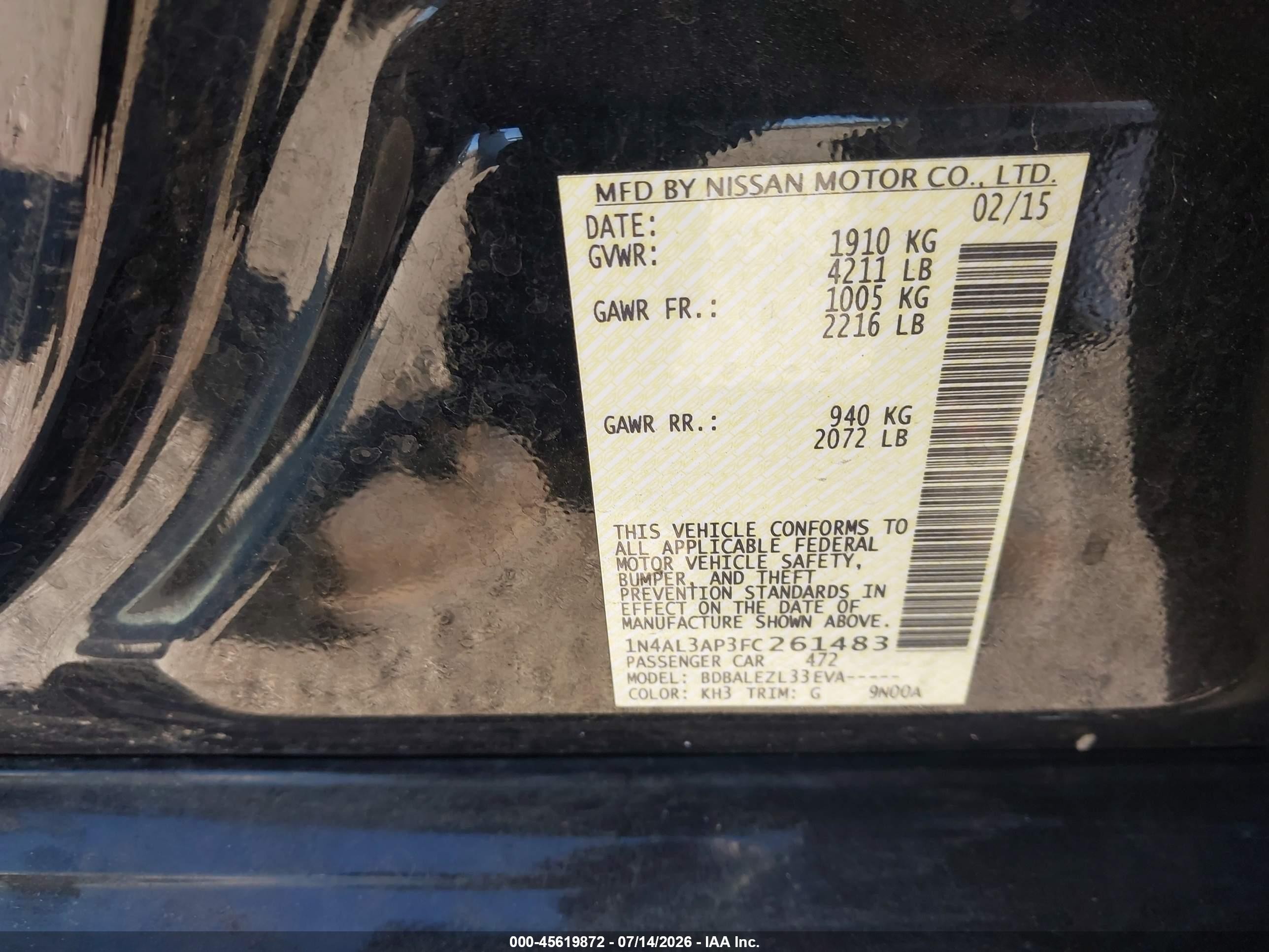 2015 Nissan Altima 2.5 S Черный vin: 1N4AL3AP3FC261483