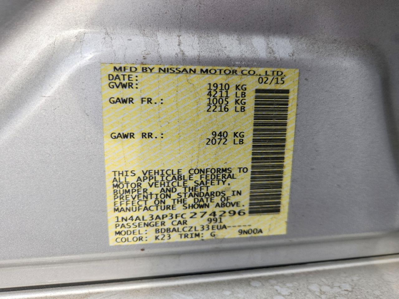 2015 Nissan Altima 2.5 S Silver vin: 1N4AL3AP3FC274296