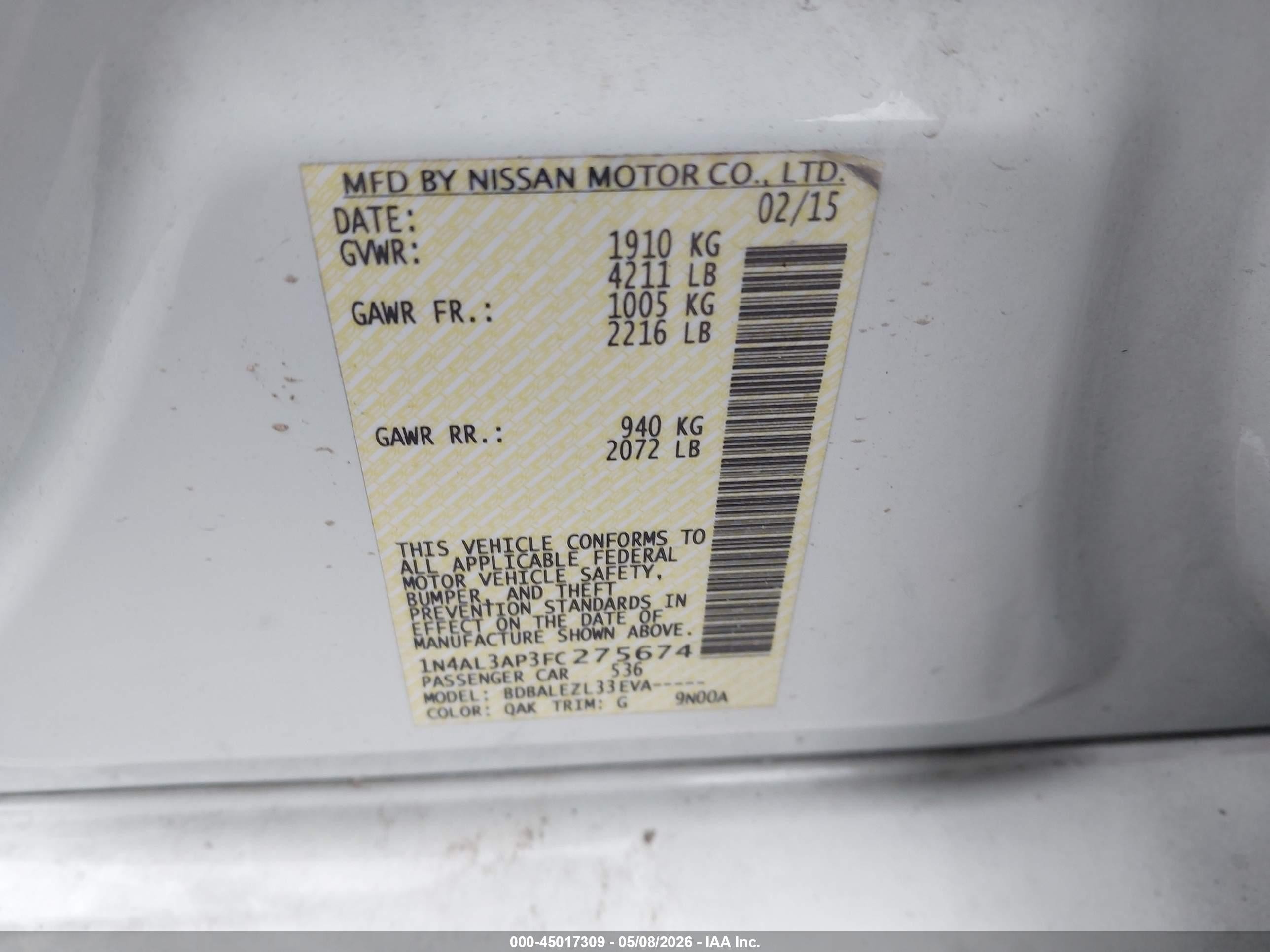 2015 Nissan Altima 2.5/2.5 S/2.5 Sl/2.5 Sv Белый vin: 1N4AL3AP3FC275674