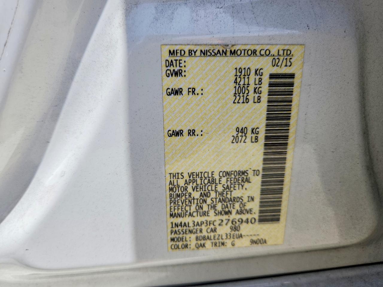 2015 Nissan Altima 2.5 S White vin: 1N4AL3AP3FC276940