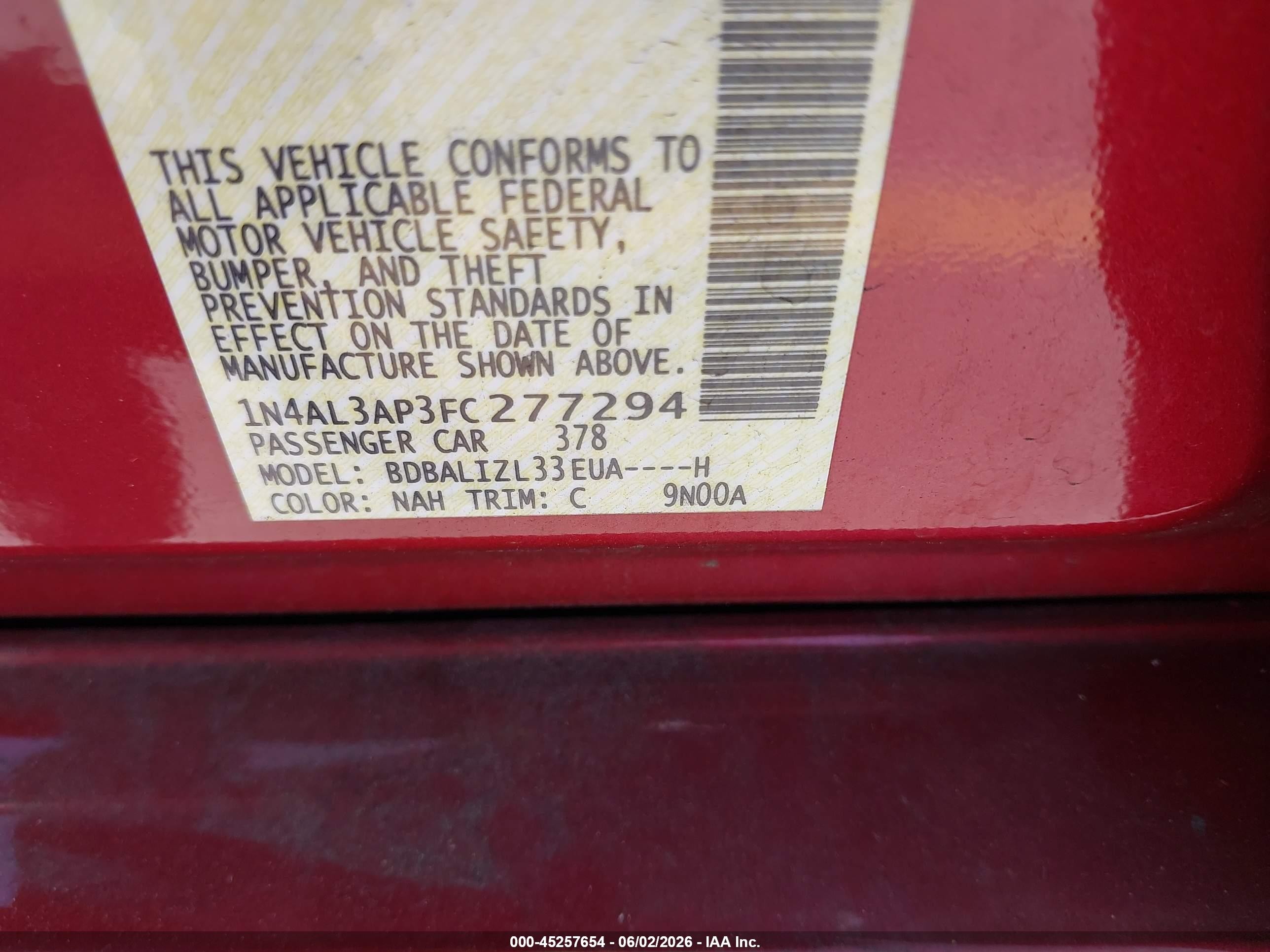 2015 Nissan Altima 2.5 Sv Red vin: 1N4AL3AP3FC277294