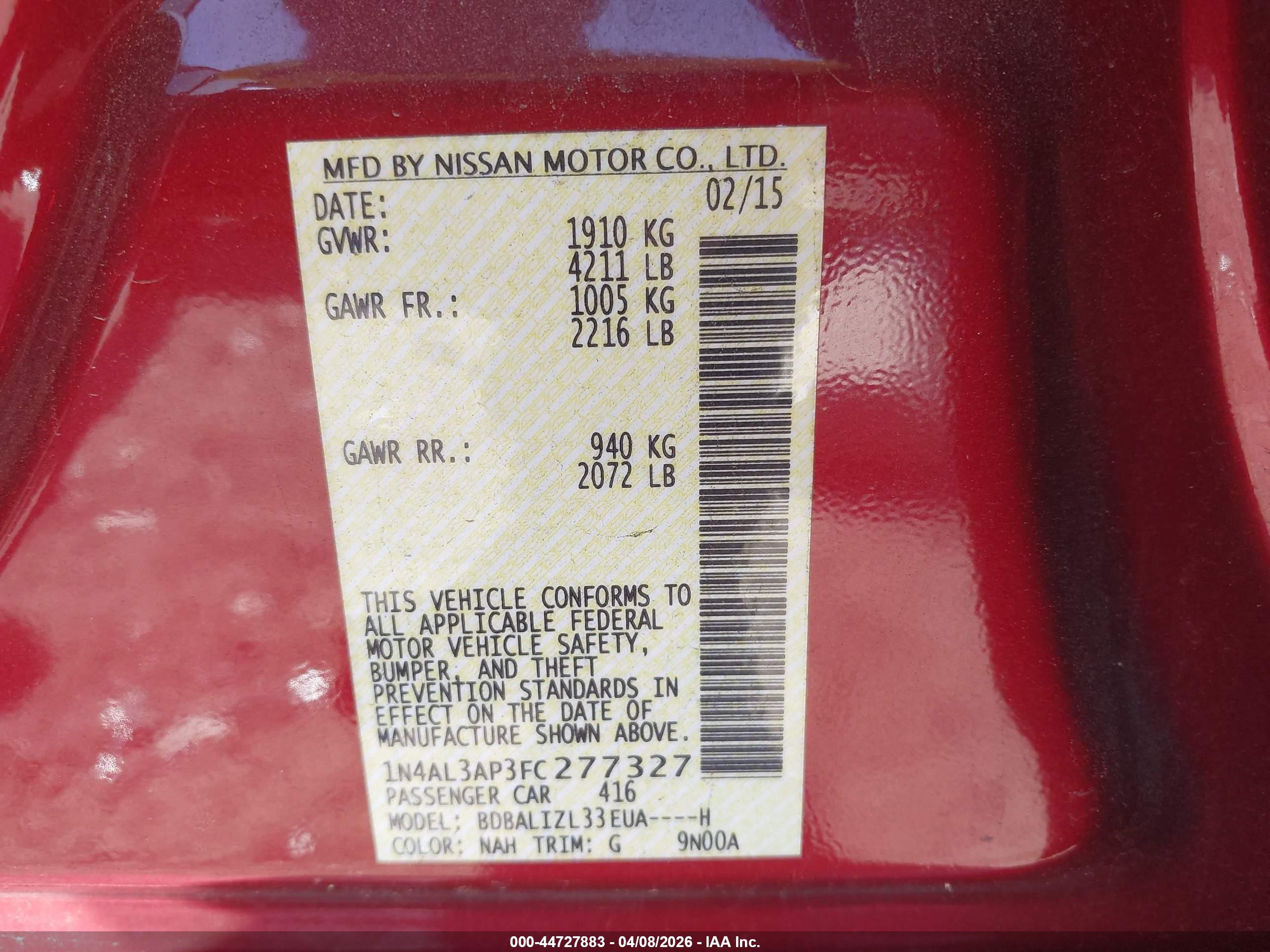 2015 Nissan Altima 2.5 Sv Красный vin: 1N4AL3AP3FC277327