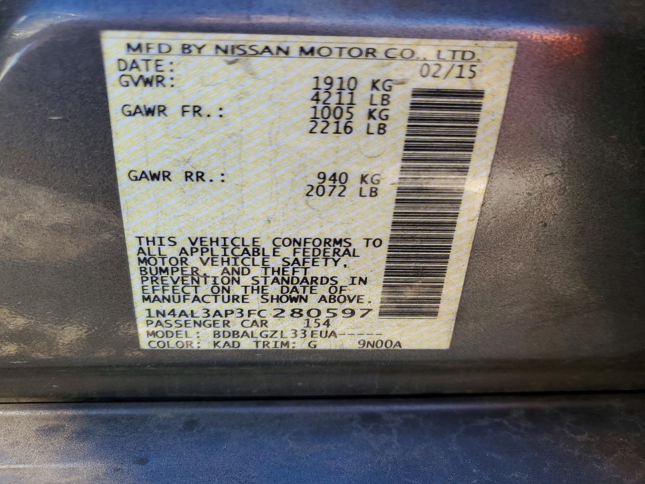 2015 Nissan Altima 2.5 S Gray vin: 1N4AL3AP3FC280597