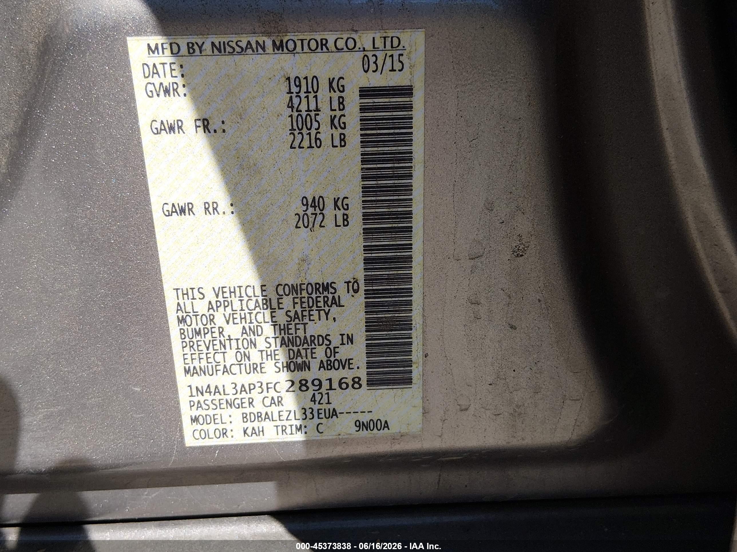 2015 Nissan Altima 2.5 S Champagne vin: 1N4AL3AP3FC289168