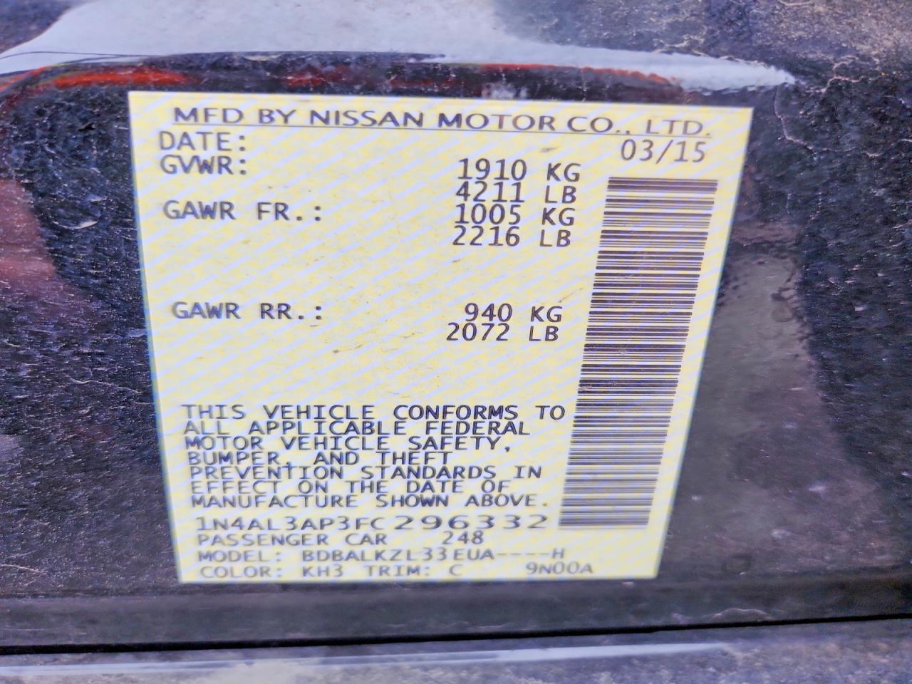 2015 Nissan Altima 2.5 Sv Black vin: 1N4AL3AP3FC296332