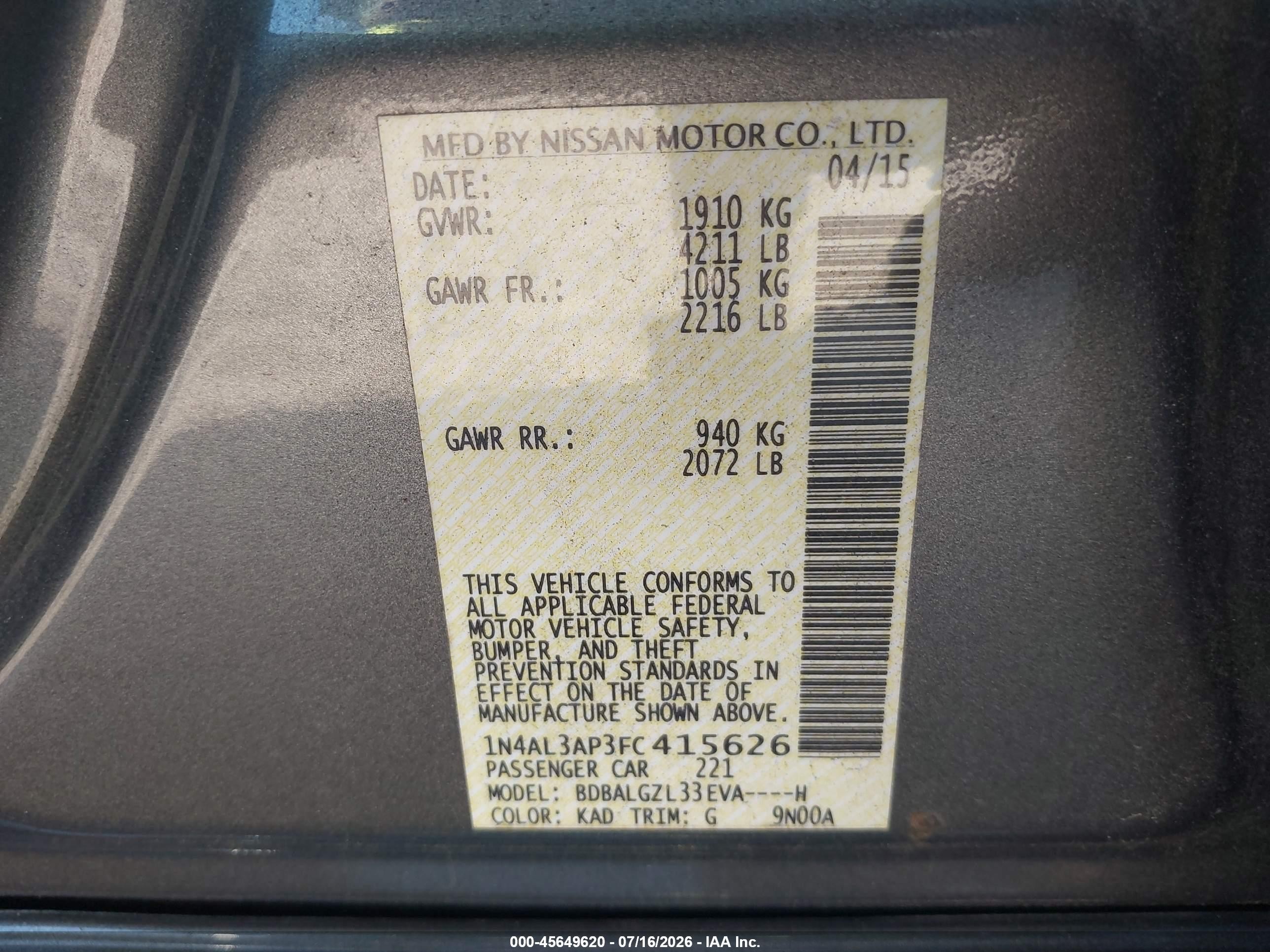 2015 Nissan Altima 2.5 S Gray vin: 1N4AL3AP3FC415626