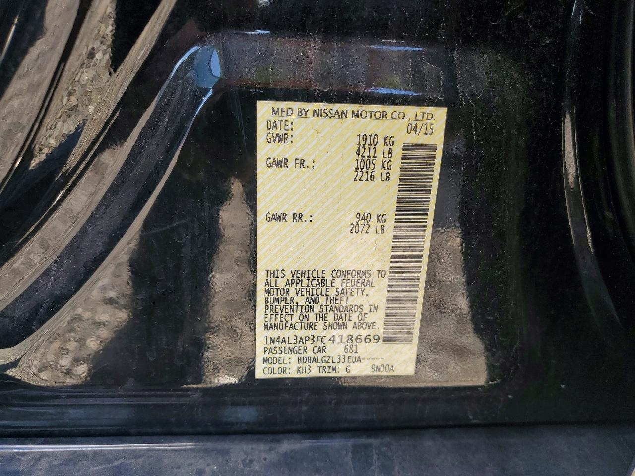 2015 Nissan Altima 2.5 S Black vin: 1N4AL3AP3FC418669