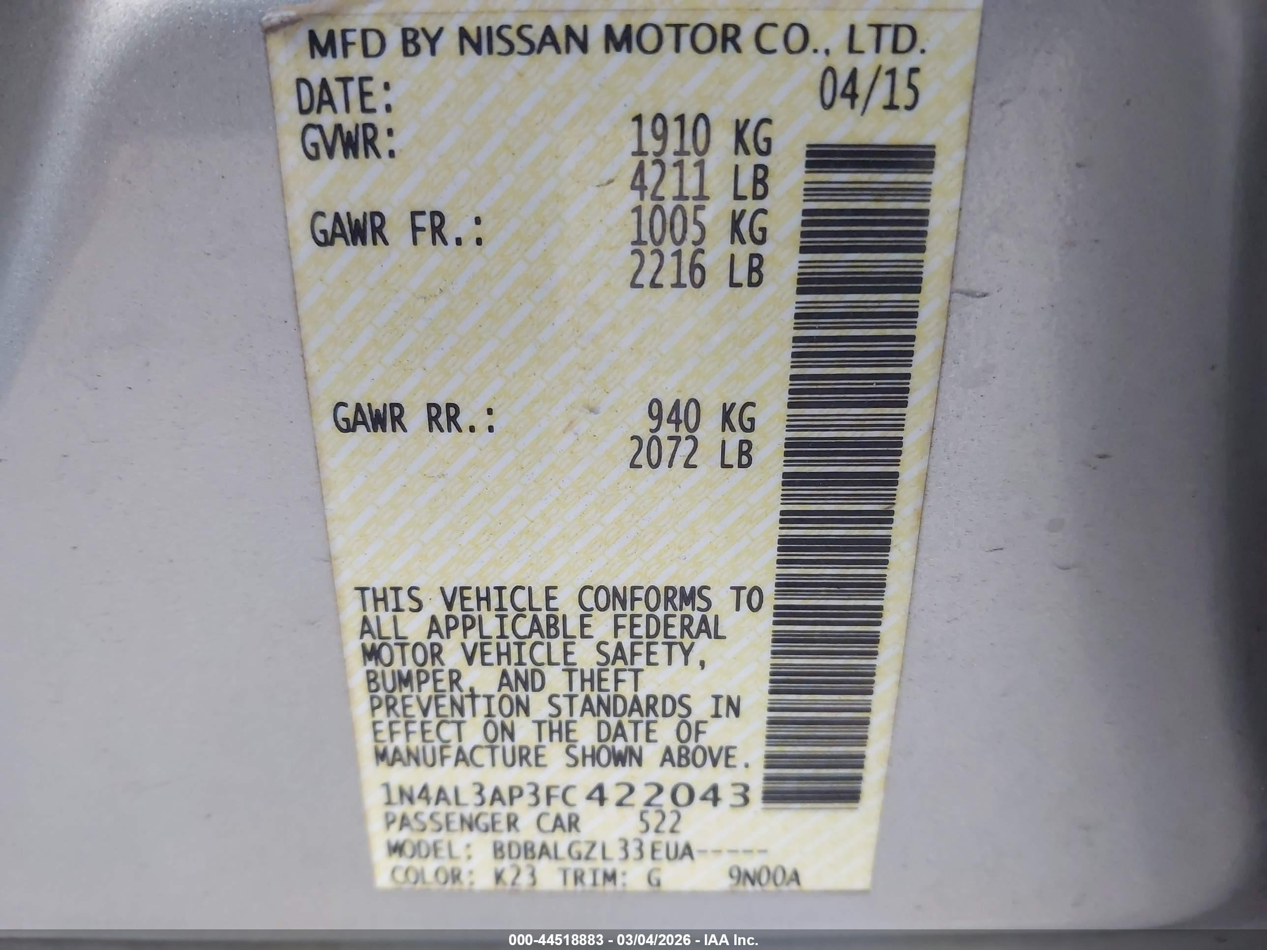 2015 Nissan Altima 2.5/2.5 S/2.5 Sl/2.5 Sv Silver vin: 1N4AL3AP3FC422043