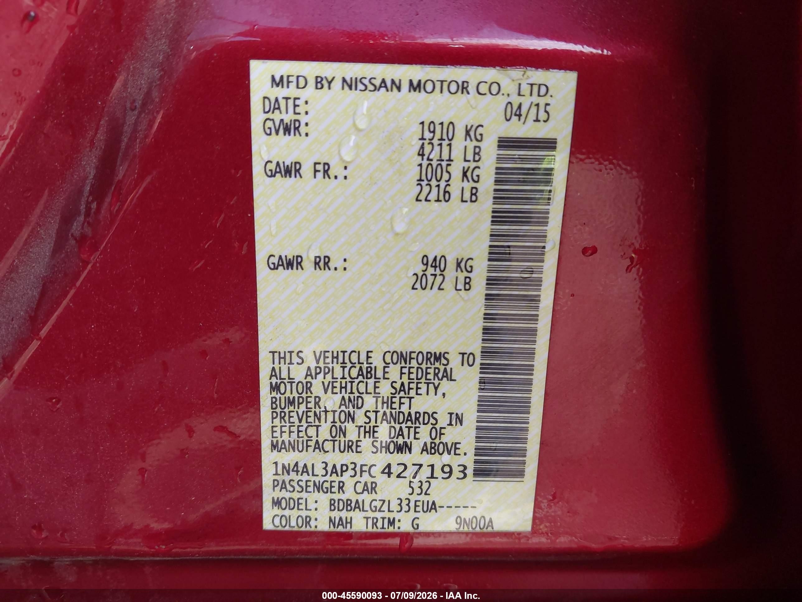 2015 Nissan Altima 2.5/2.5 S/2.5 Sl/2.5 Sv Red vin: 1N4AL3AP3FC427193