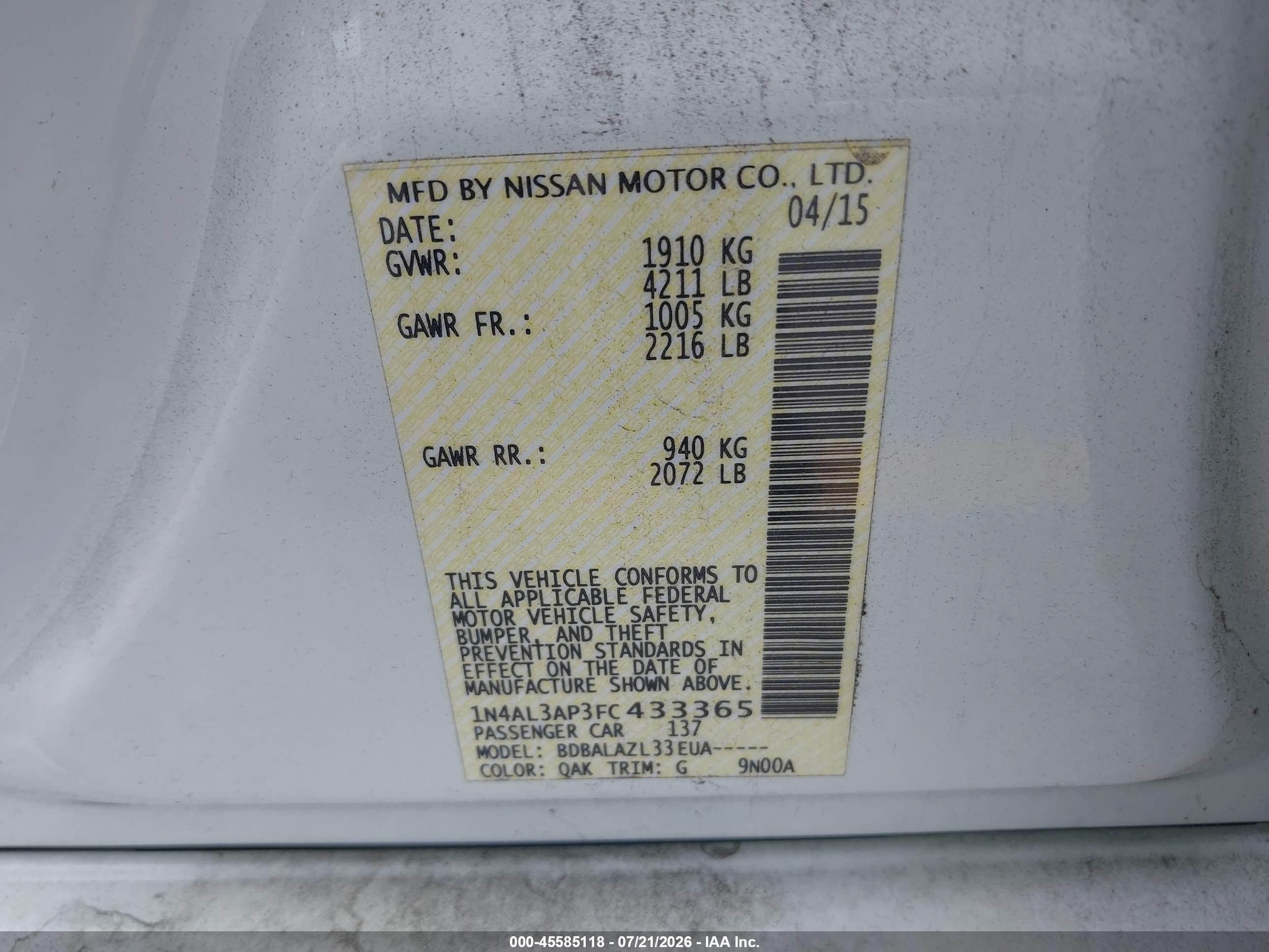 2015 Nissan Altima 2.5 White vin: 1N4AL3AP3FC433365