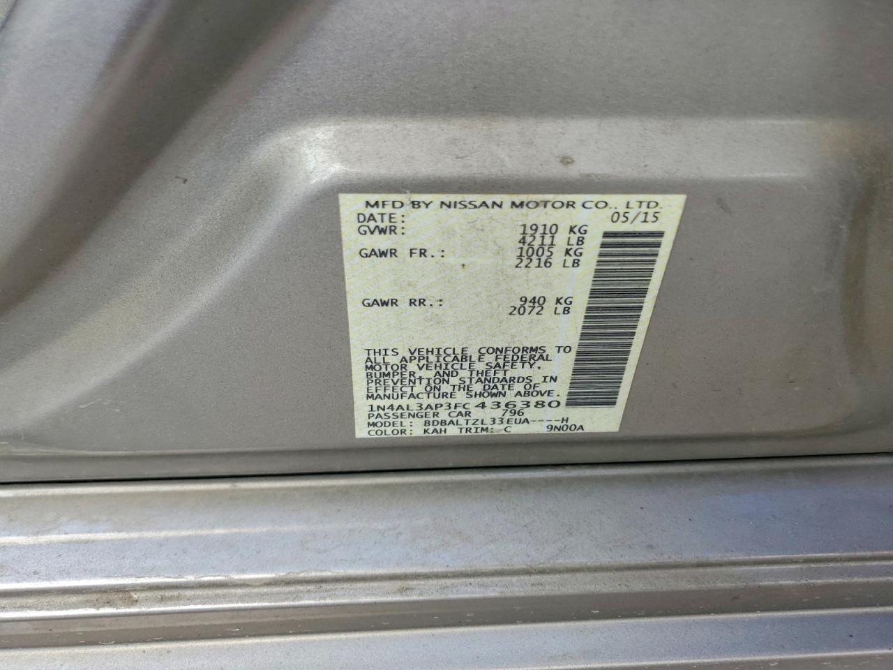 2015 Nissan Altima Tan vin: 1N4AL3AP3FC436380