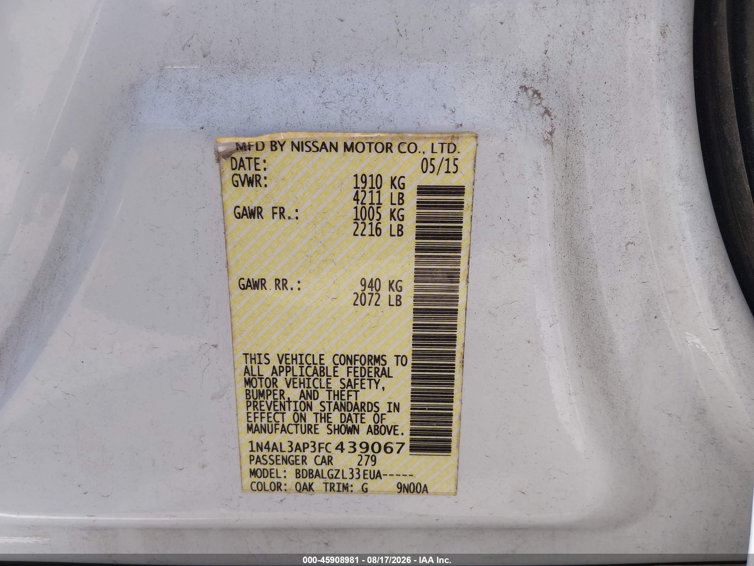 2015 Nissan Altima 2.5/2.5 S/2.5 Sl/2.5 Sv Белый vin: 1N4AL3AP3FC439067
