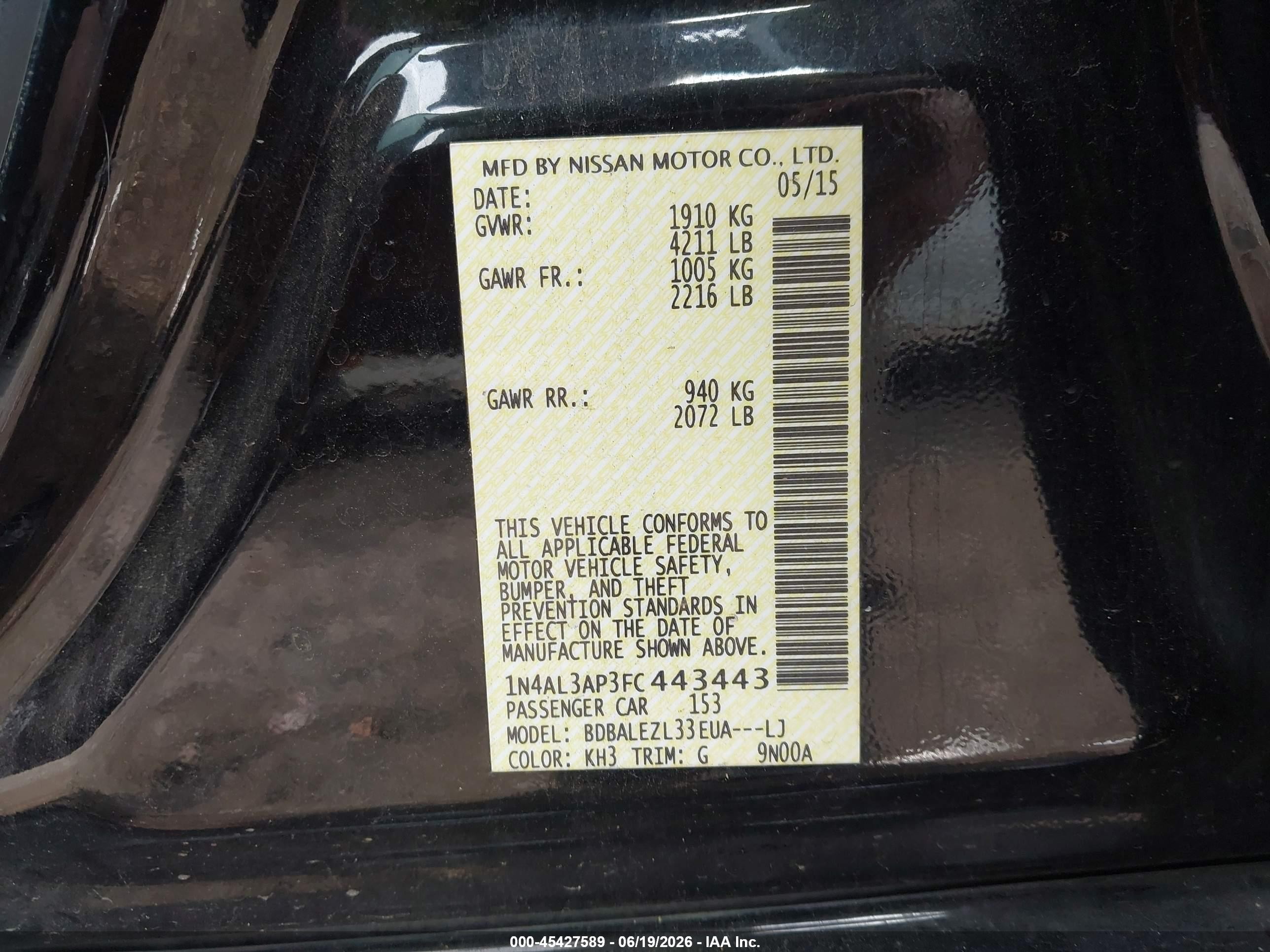 2015 Nissan Altima 2.5 S Black vin: 1N4AL3AP3FC443443