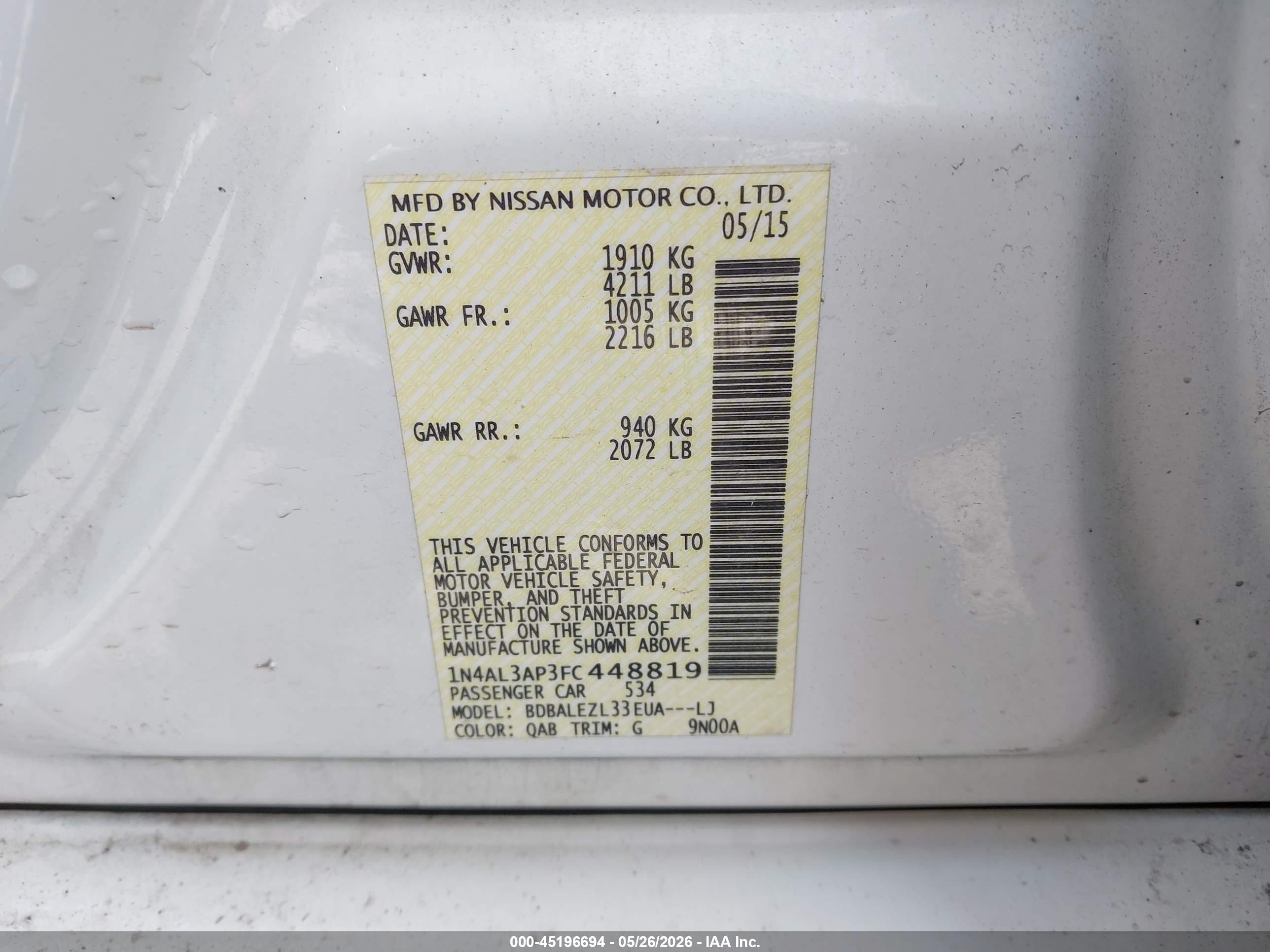 2015 Nissan Altima 2.5 S Белый vin: 1N4AL3AP3FC448819