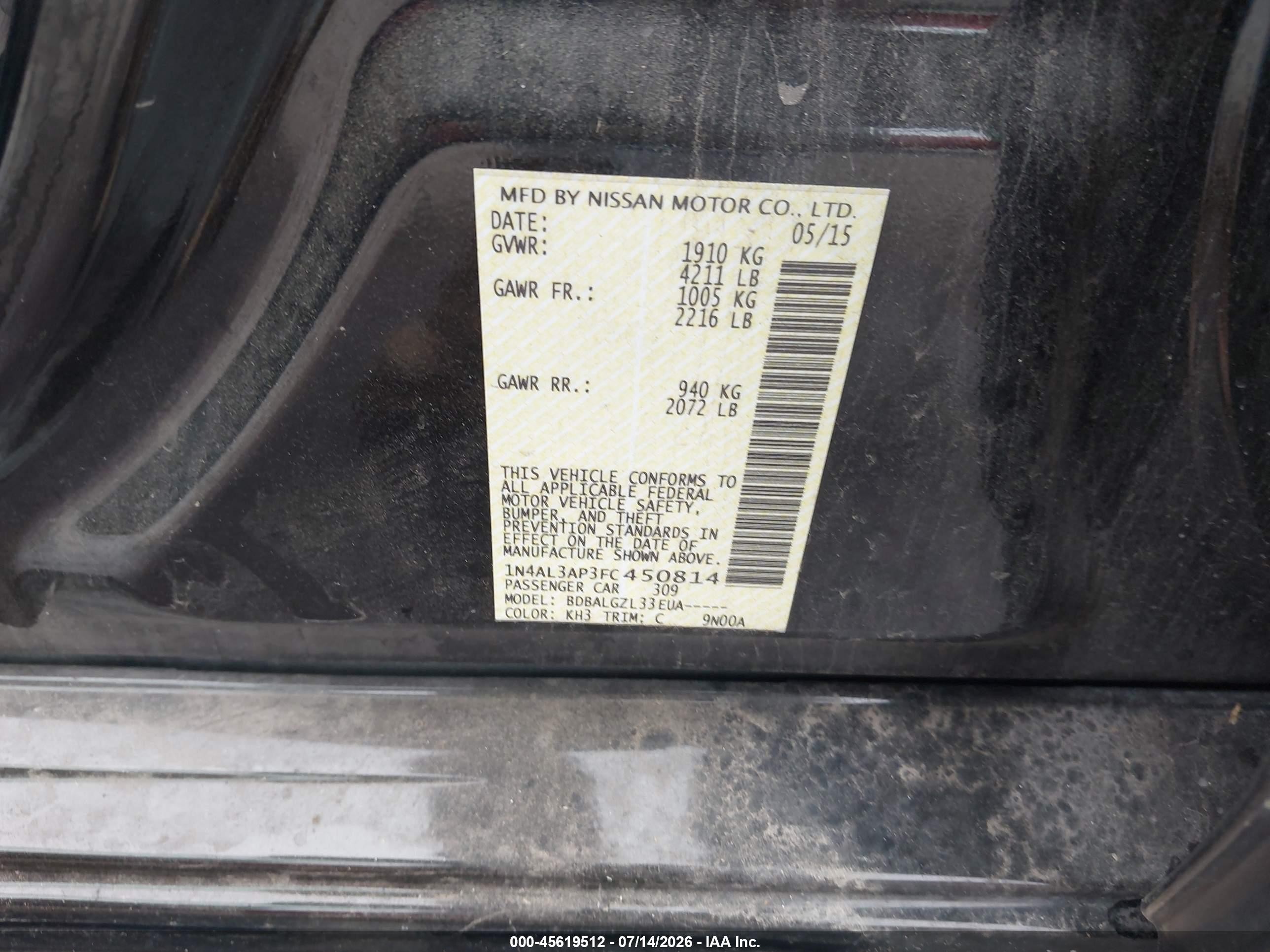 2015 Nissan Altima 2.5/2.5 S/2.5 Sl/2.5 Sv Черный vin: 1N4AL3AP3FC450814