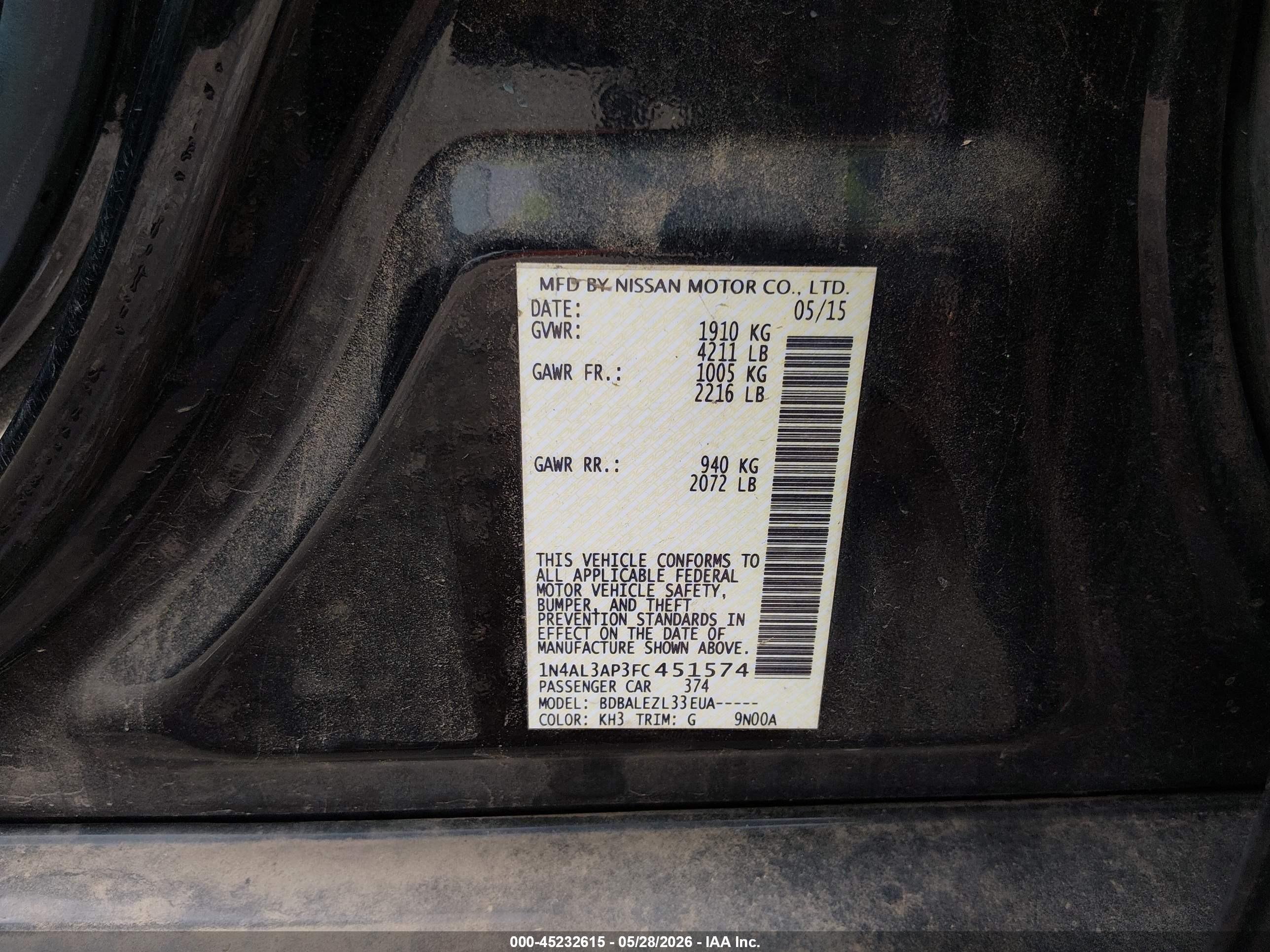 2015 Nissan Altima 2.5/2.5 S/2.5 Sl/2.5 Sv Black vin: 1N4AL3AP3FC451574