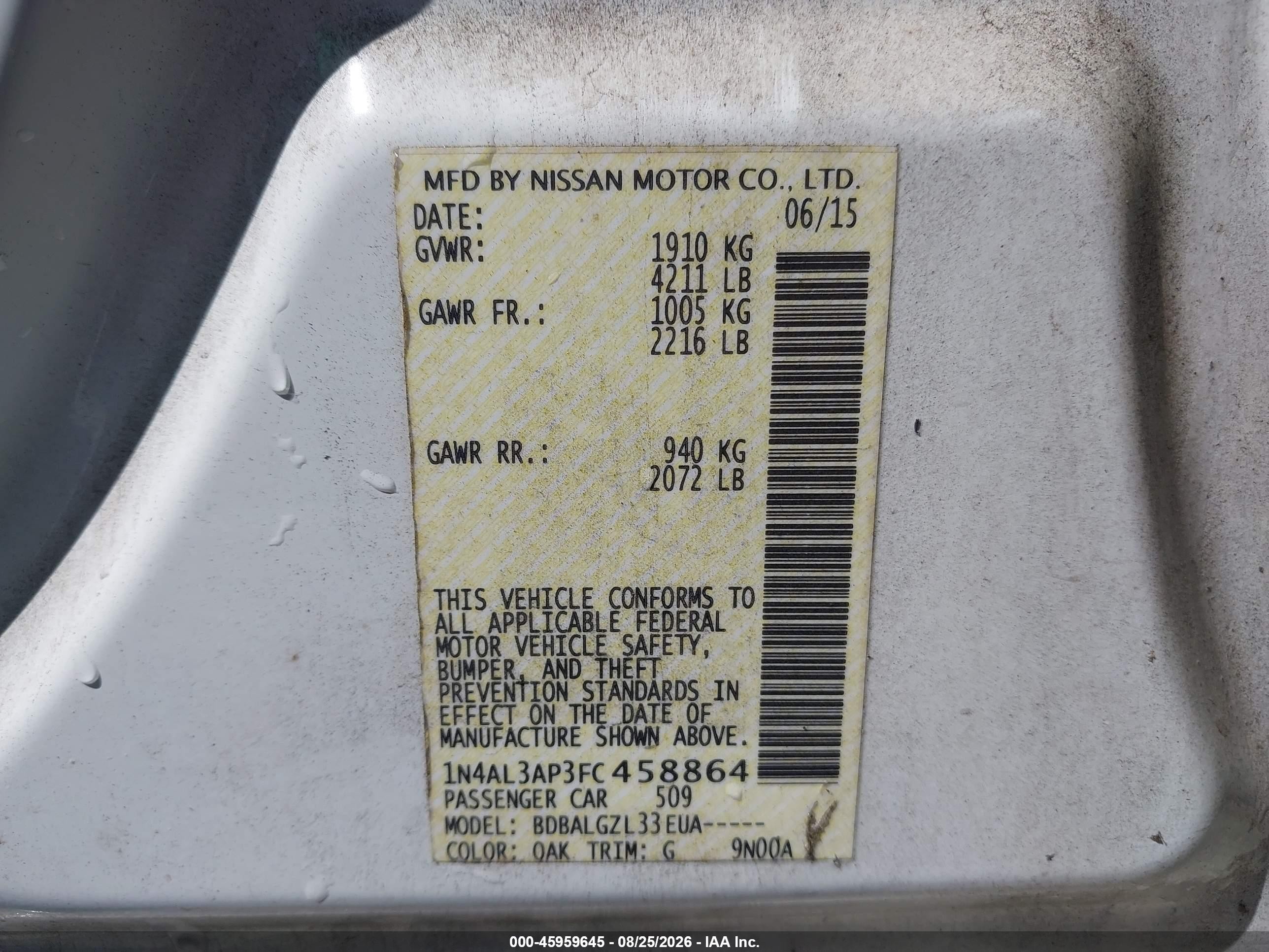 2015 Nissan Altima 2.5/2.5 S/2.5 Sl/2.5 Sv White vin: 1N4AL3AP3FC458864