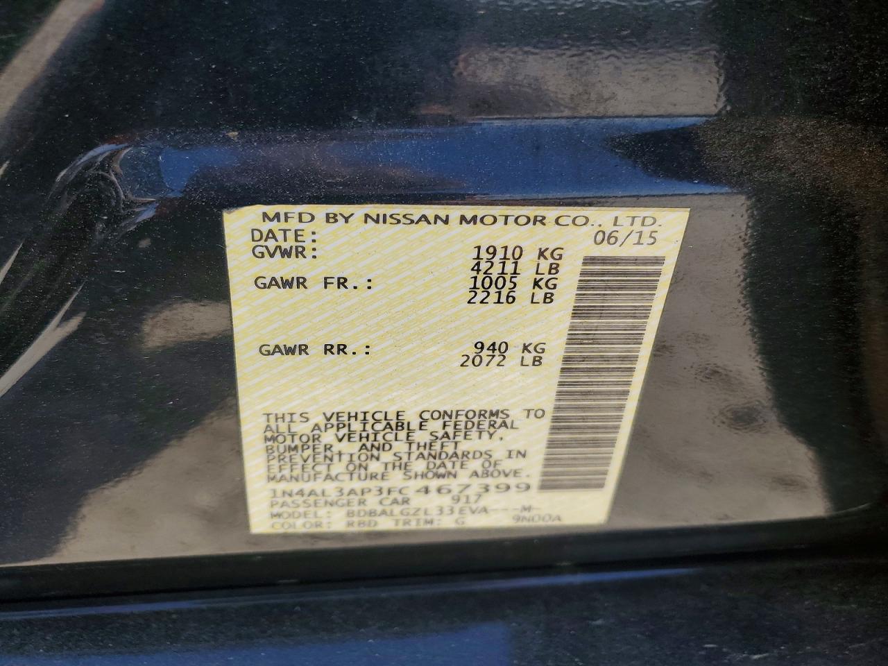 2015 Nissan Altima 2.5 S Угольный vin: 1N4AL3AP3FC467399