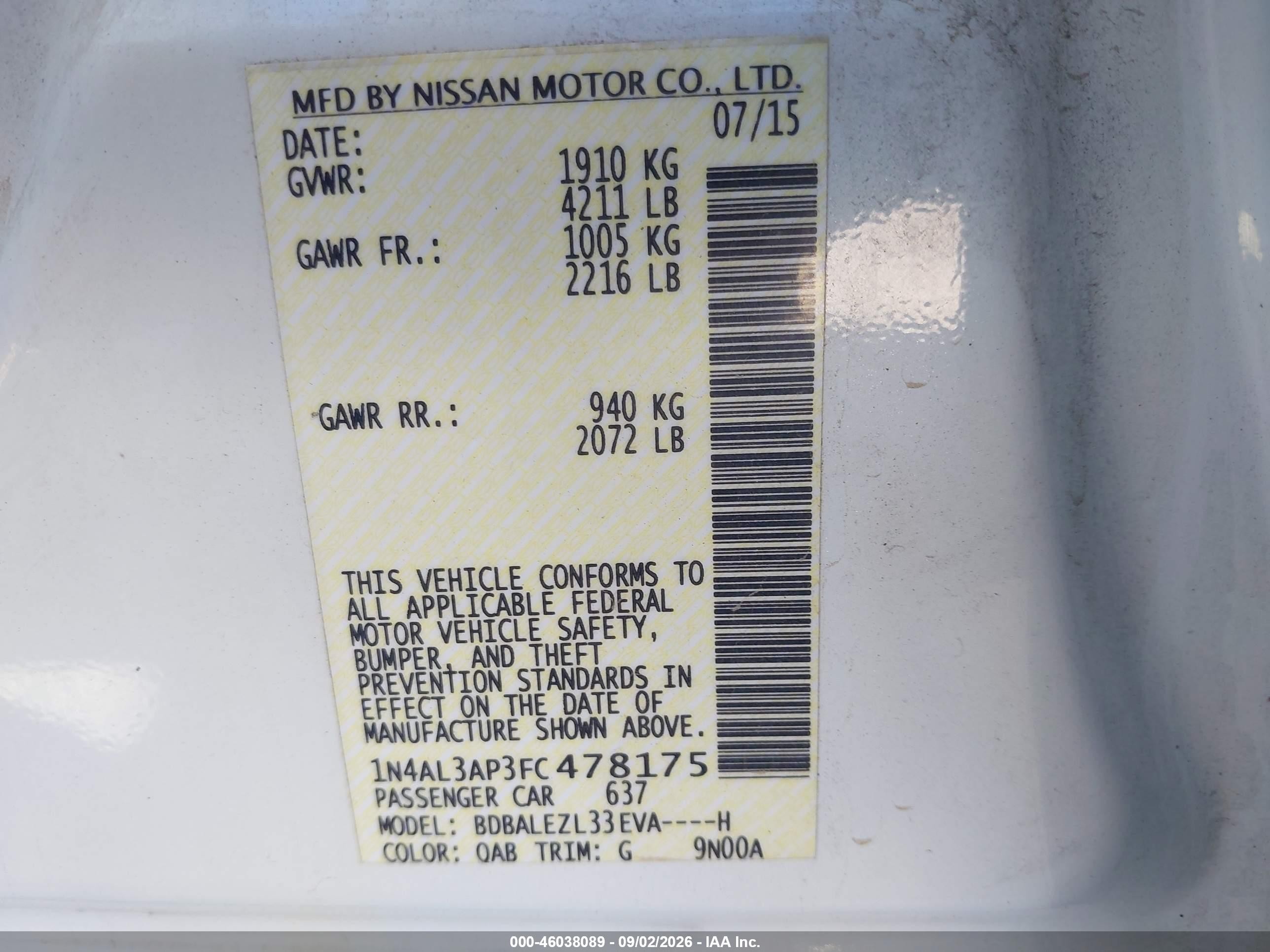 2015 Nissan Altima 2.5 S White vin: 1N4AL3AP3FC478175