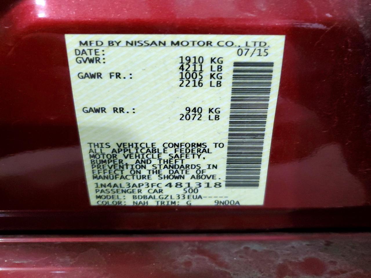2015 Nissan Altima 2.5 S Red vin: 1N4AL3AP3FC481318