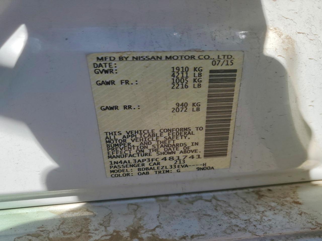 2015 Nissan Altima 2.5 S White vin: 1N4AL3AP3FC481741