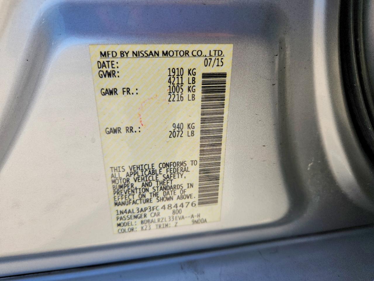 2015 Nissan Altima 2.5 Sl Silver vin: 1N4AL3AP3FC484476