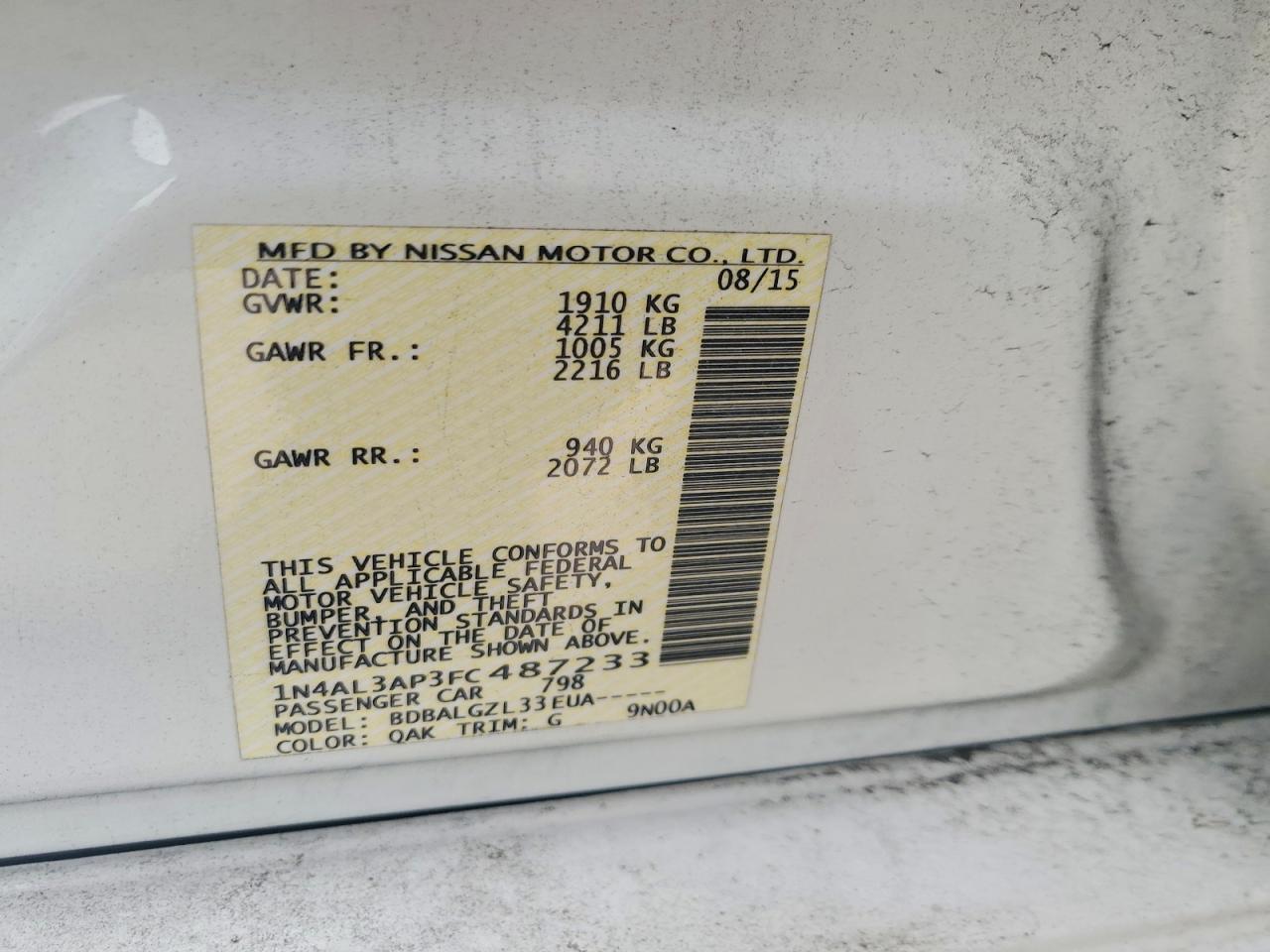 2015 Nissan Altima 2.5 S Белый vin: 1N4AL3AP3FC487233