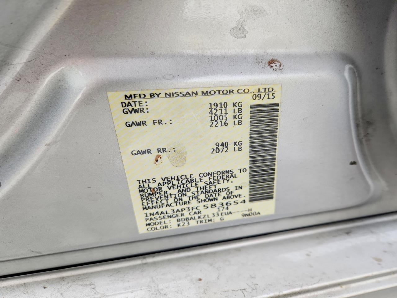 2015 Nissan Altima 2.5 Sv Silver vin: 1N4AL3AP3FC583654