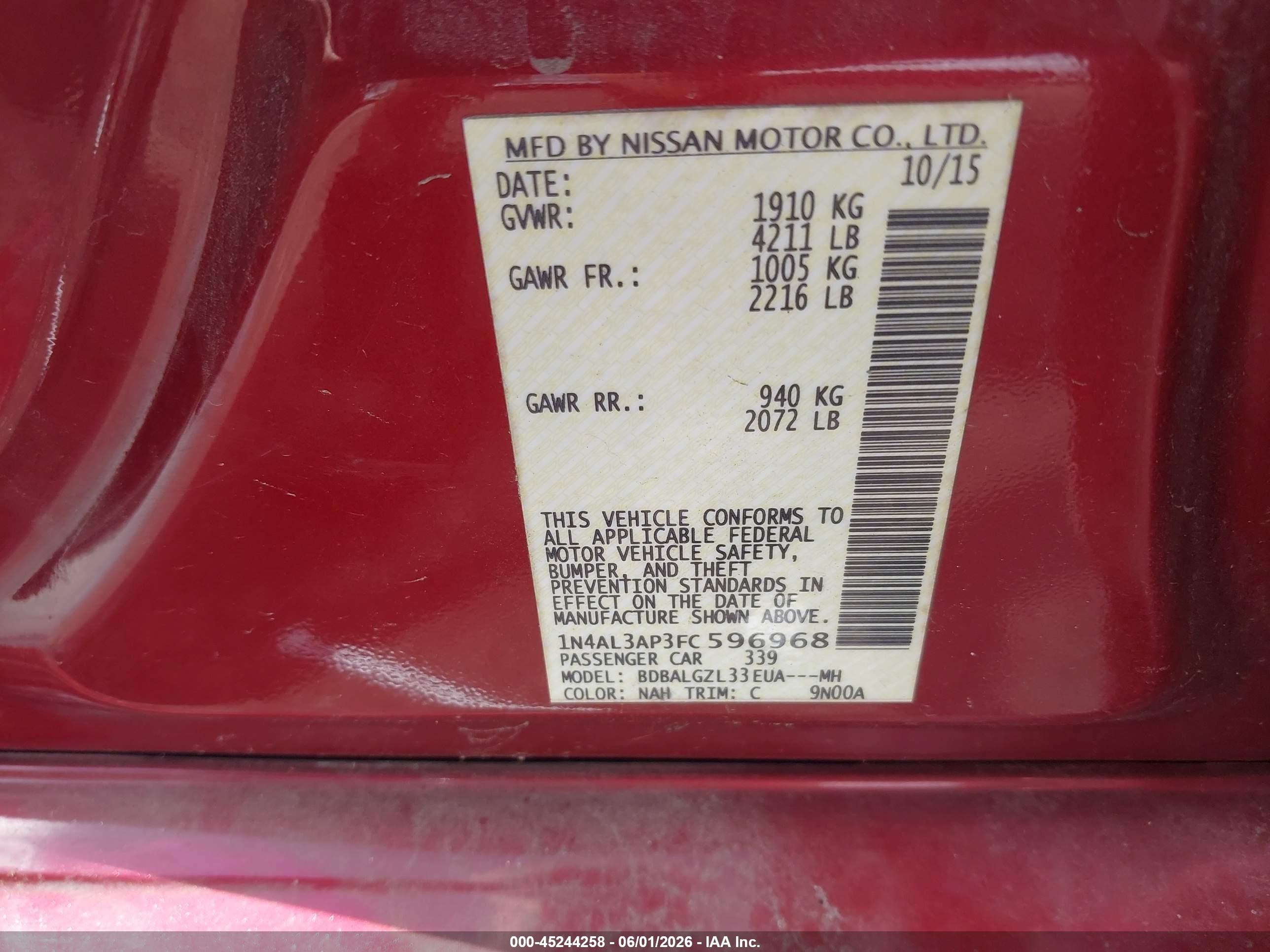 2015 Nissan Altima 2.5 S Red vin: 1N4AL3AP3FC596968