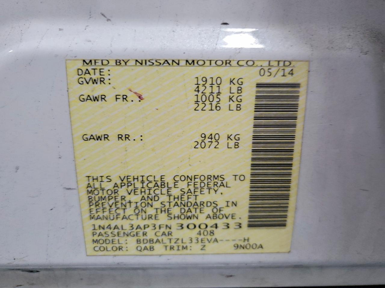 2015 Nissan Altima 2.5 Sl White vin: 1N4AL3AP3FN300433