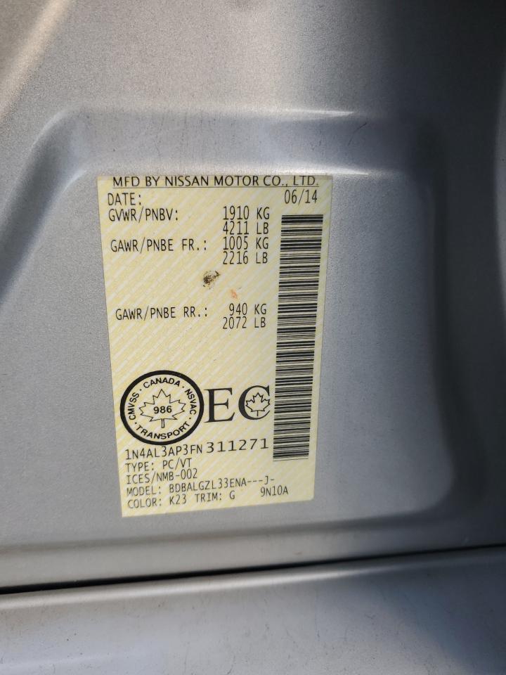 2015 Nissan Altima 2.5 Silver vin: 1N4AL3AP3FN311271
