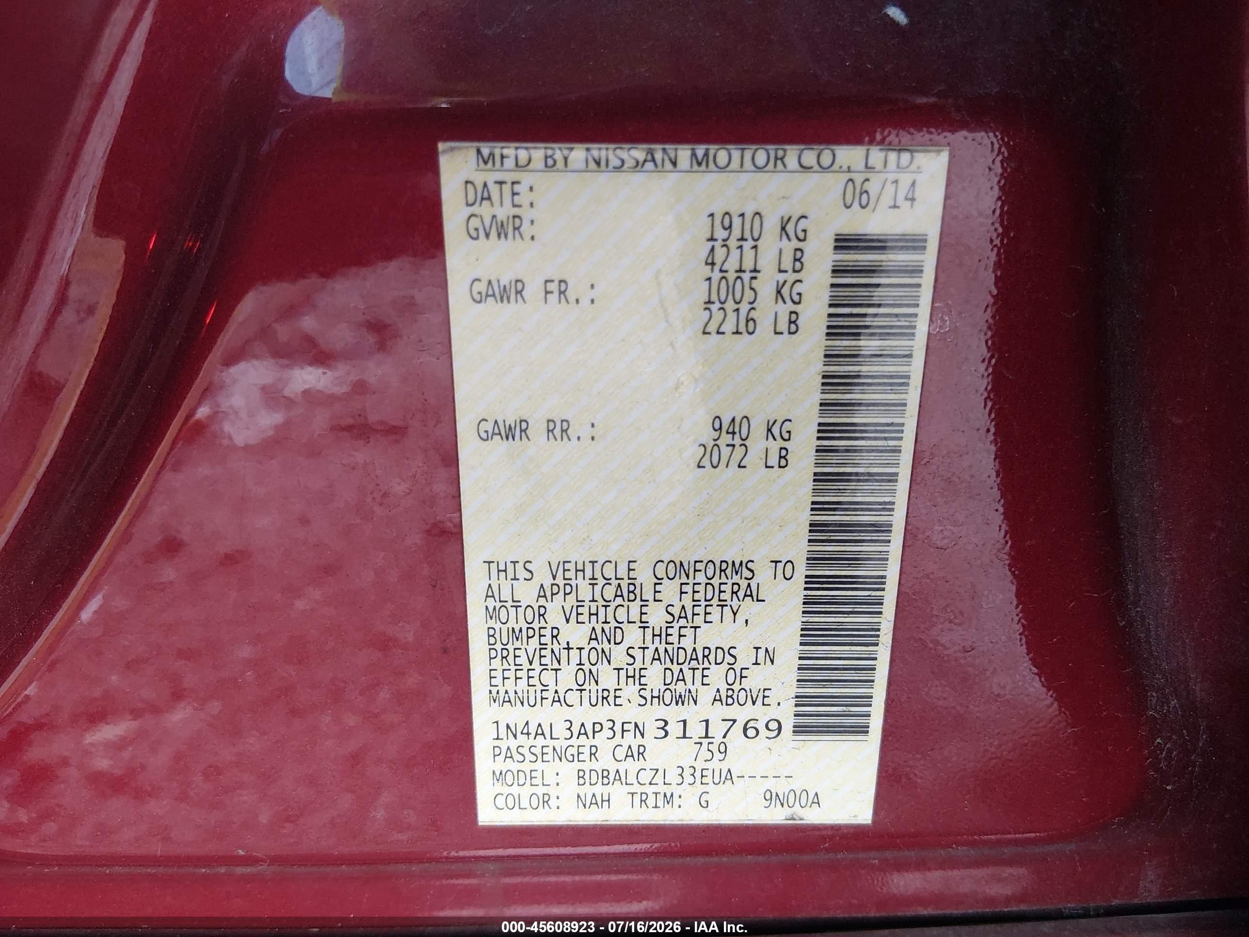 2015 Nissan Altima 2.5/2.5 S/2.5 Sl/2.5 Sv Red vin: 1N4AL3AP3FN311769