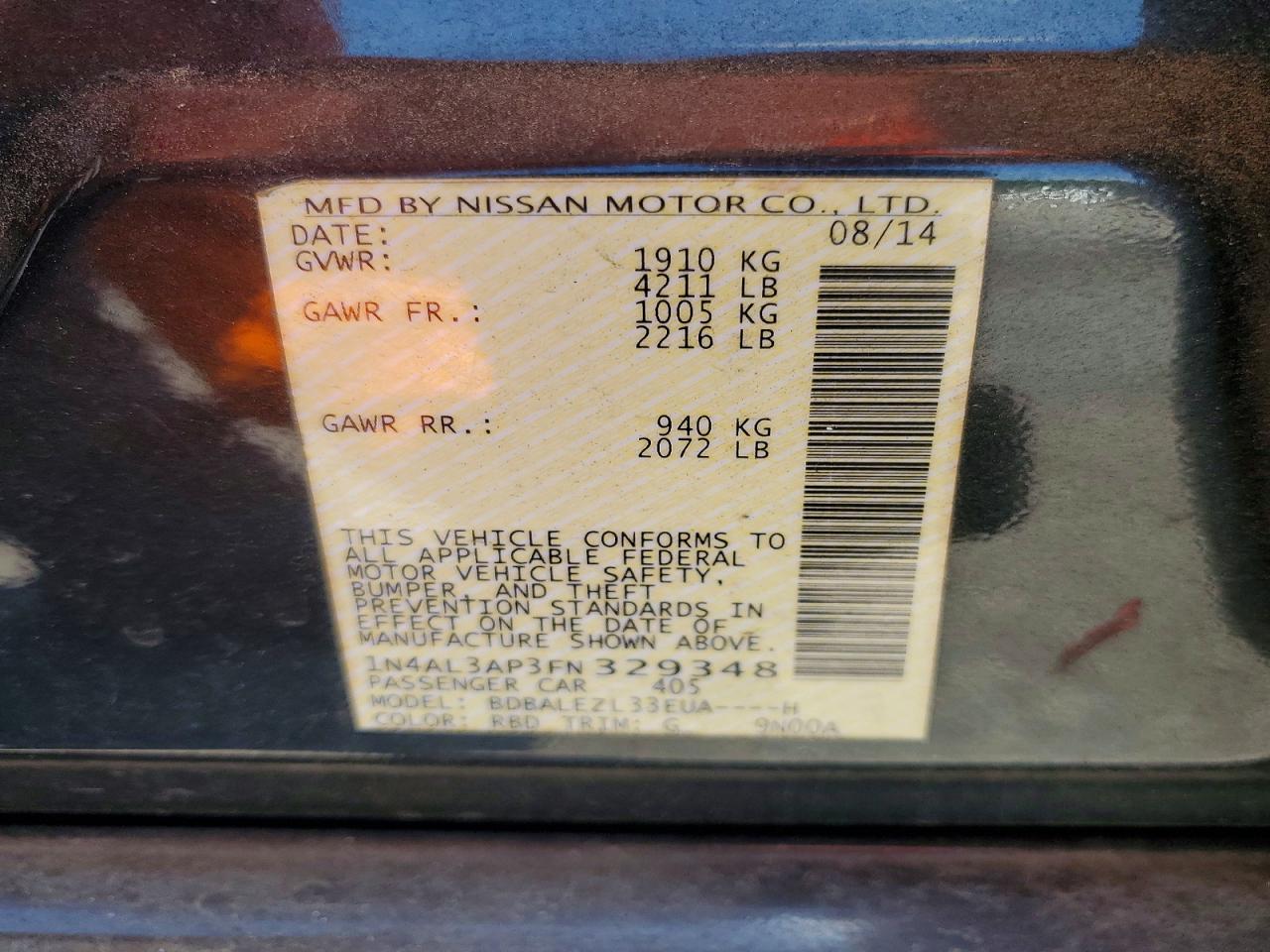 2015 Nissan Altima 2.5 S Charcoal vin: 1N4AL3AP3FN329348
