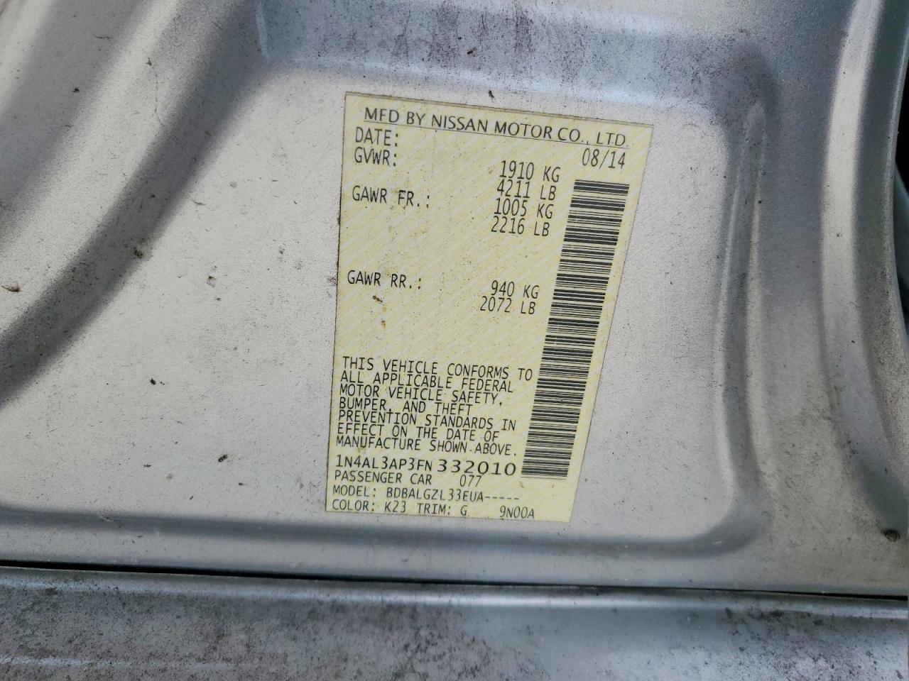 2015 Nissan Altima 2.5 S Серебряный vin: 1N4AL3AP3FN332010
