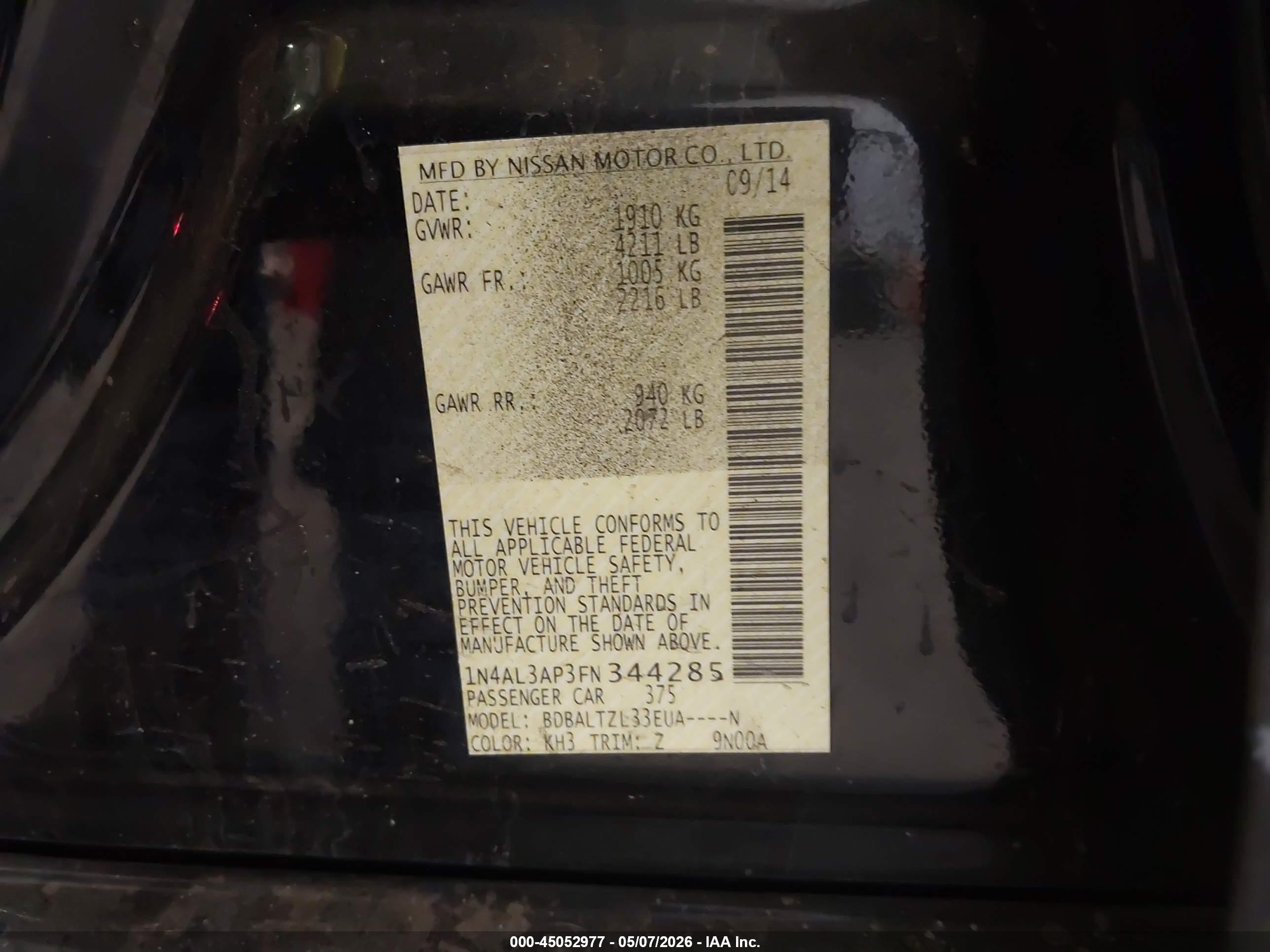 2015 Nissan Altima 2.5 Sl Black vin: 1N4AL3AP3FN344285