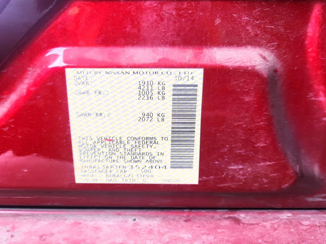 2015 Nissan Altima 2.5 S Burgundy vin: 1N4AL3AP3FN352404