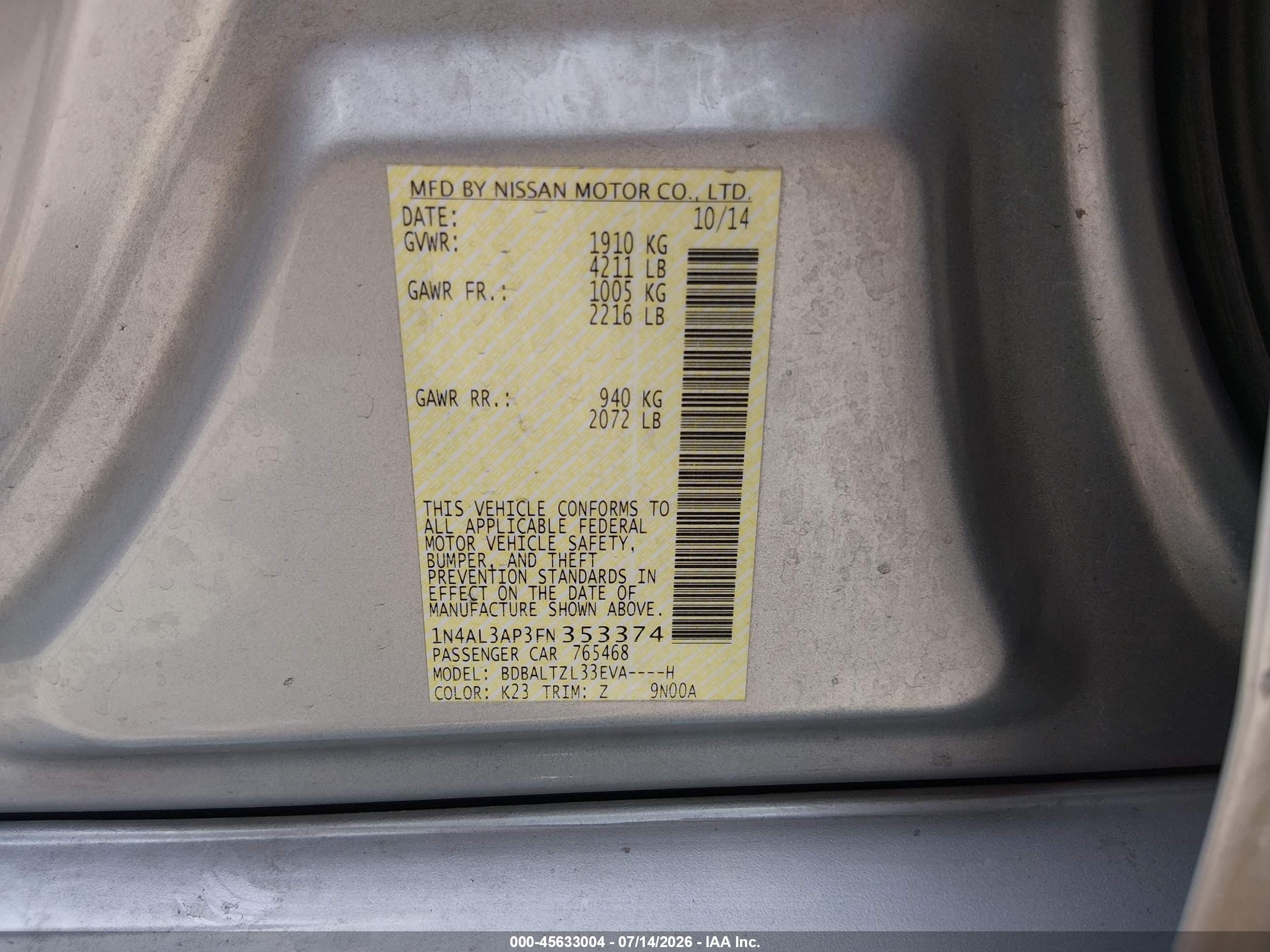 2015 Nissan Altima 2.5 Sl Silver vin: 1N4AL3AP3FN353374
