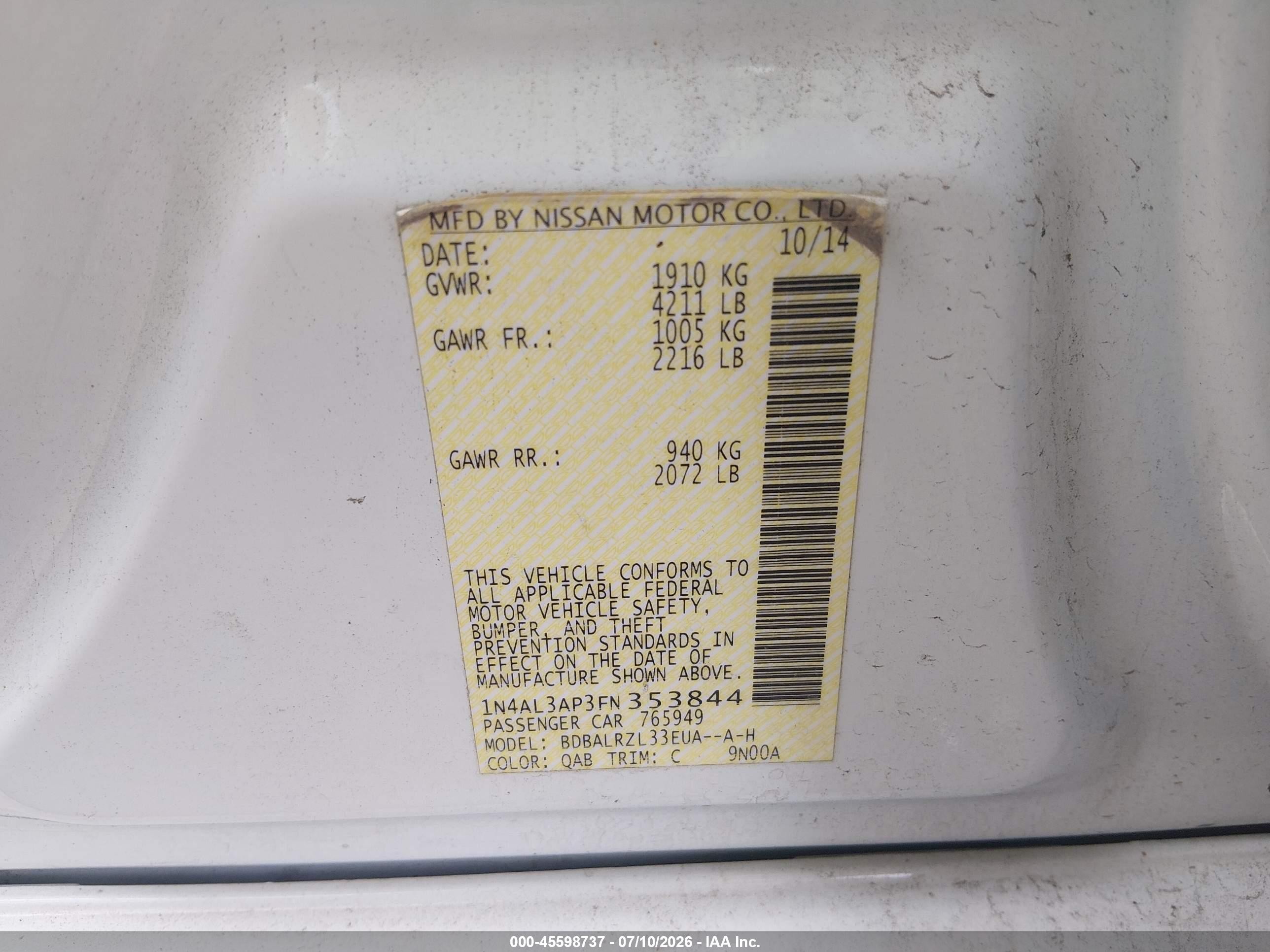2015 Nissan Altima 2.5 Sl White vin: 1N4AL3AP3FN353844