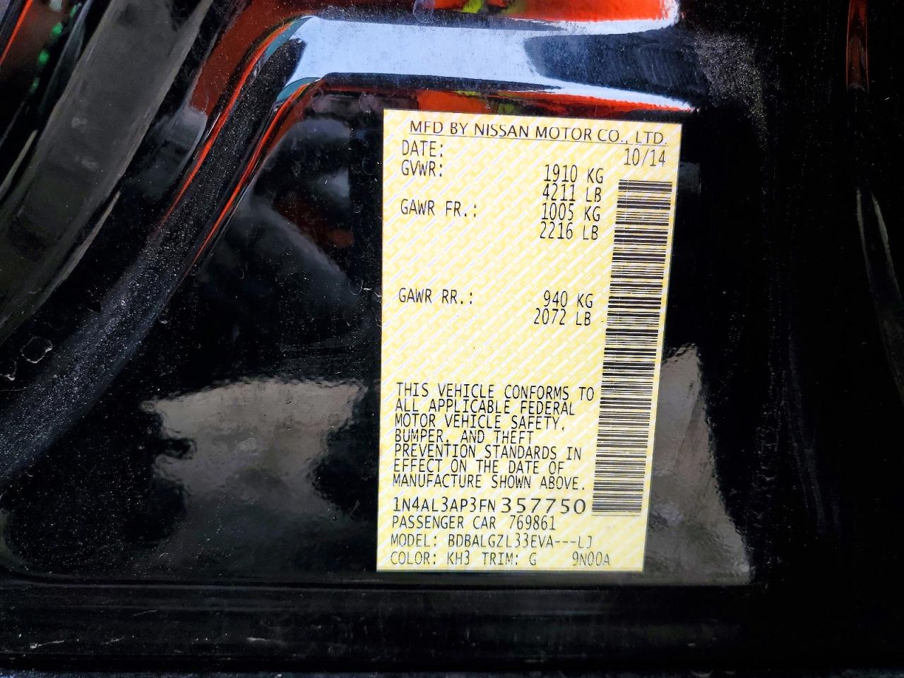 2015 Nissan Altima 2.5 S Black vin: 1N4AL3AP3FN357750