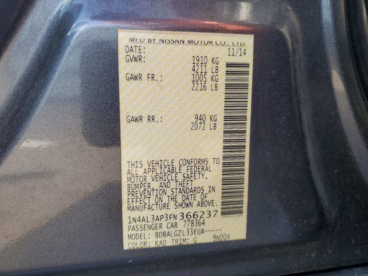 2015 Nissan Altima 2.5 S Gray vin: 1N4AL3AP3FN366237