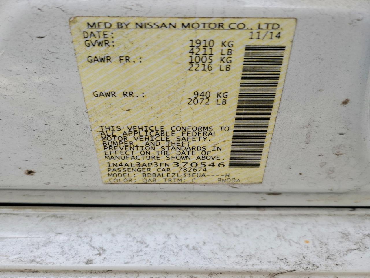 2015 Nissan Altima 2.5 S White vin: 1N4AL3AP3FN370546
