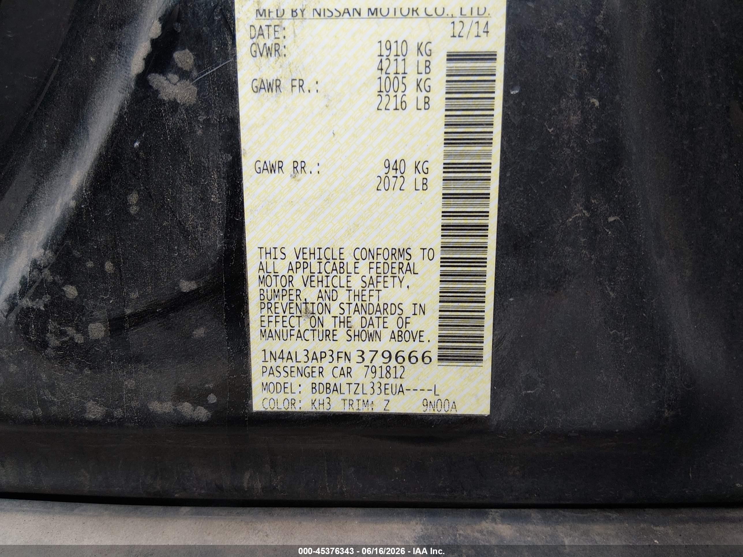 2015 Nissan Altima   Черный vin: 1N4AL3AP3FN379666