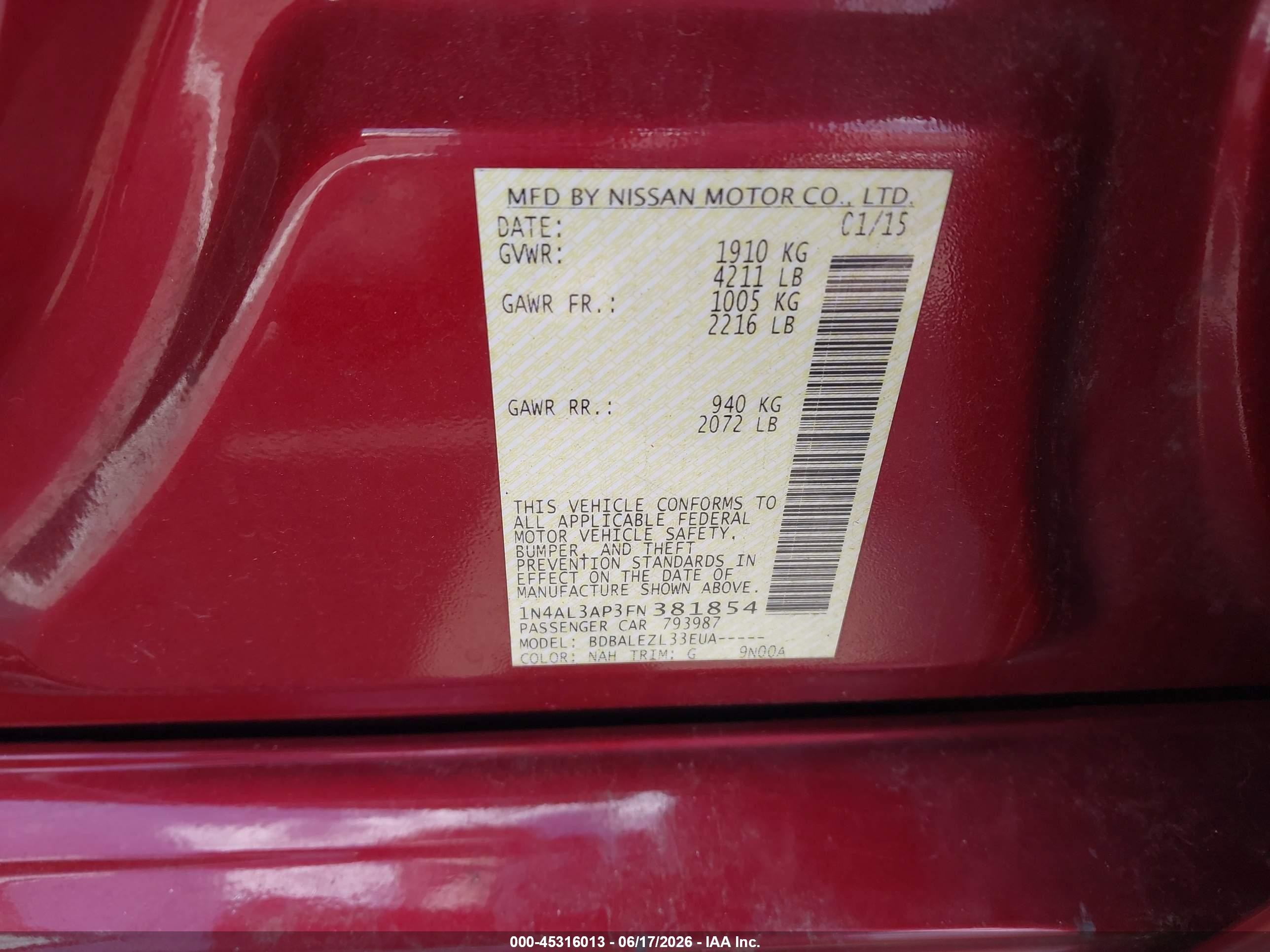 2015 Nissan Altima 2.5/2.5 S/2.5 Sl/2.5 Sv Red vin: 1N4AL3AP3FN381854