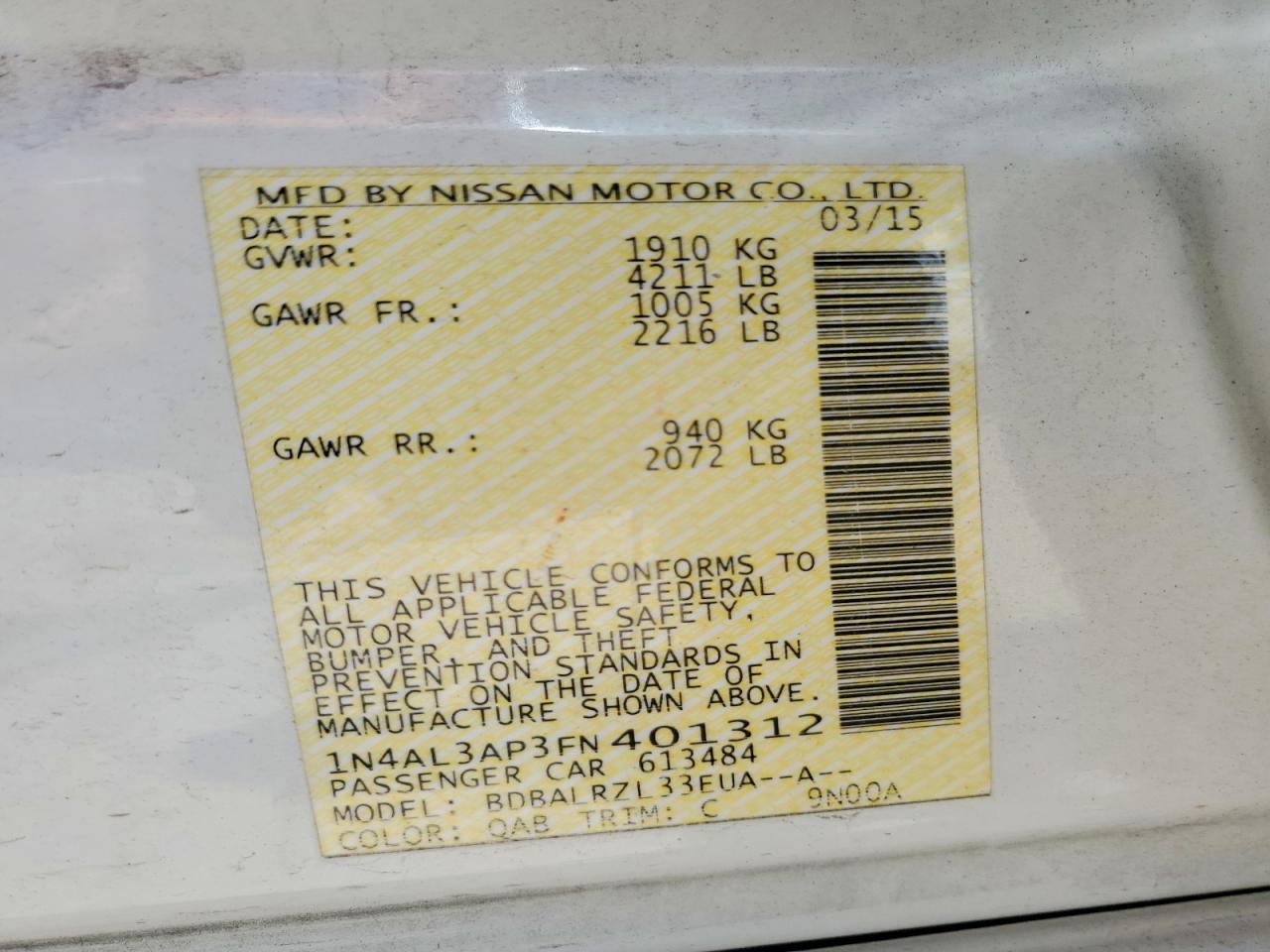2015 Nissan Altima 2.5 Sl White vin: 1N4AL3AP3FN401312